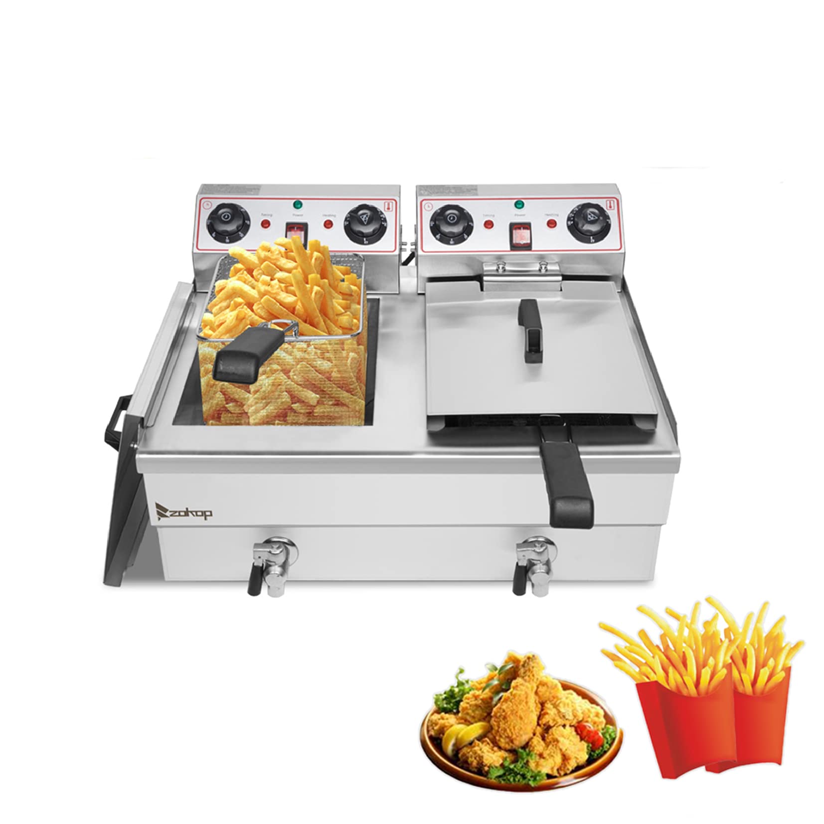 Commercial-Grade 3400W Stainless Steel Double Tank Electric Deep Fryer with Basket - 24.9QT/23.6L Oil Capacity for Restaurants, Food Trucks & Catering Businesses - Perfect for Frying Chicken, Fish, Fries & Donuts