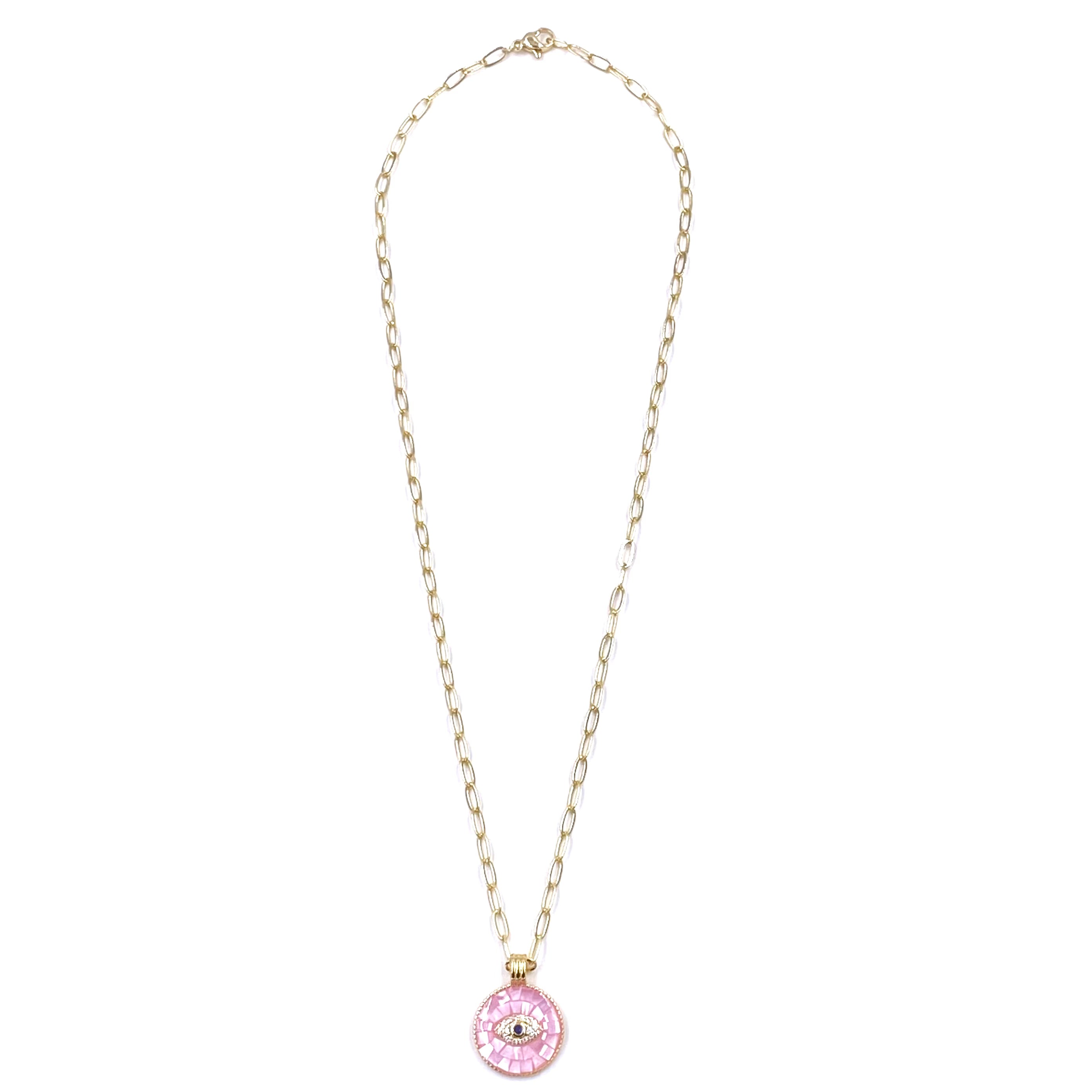 Ashley Gold Stainless Steel Evil Eye Necklace with Pink Opal Disc - Elegant Protection Jewelry for Women, Perfect for Everyday Wear & Gift Giving