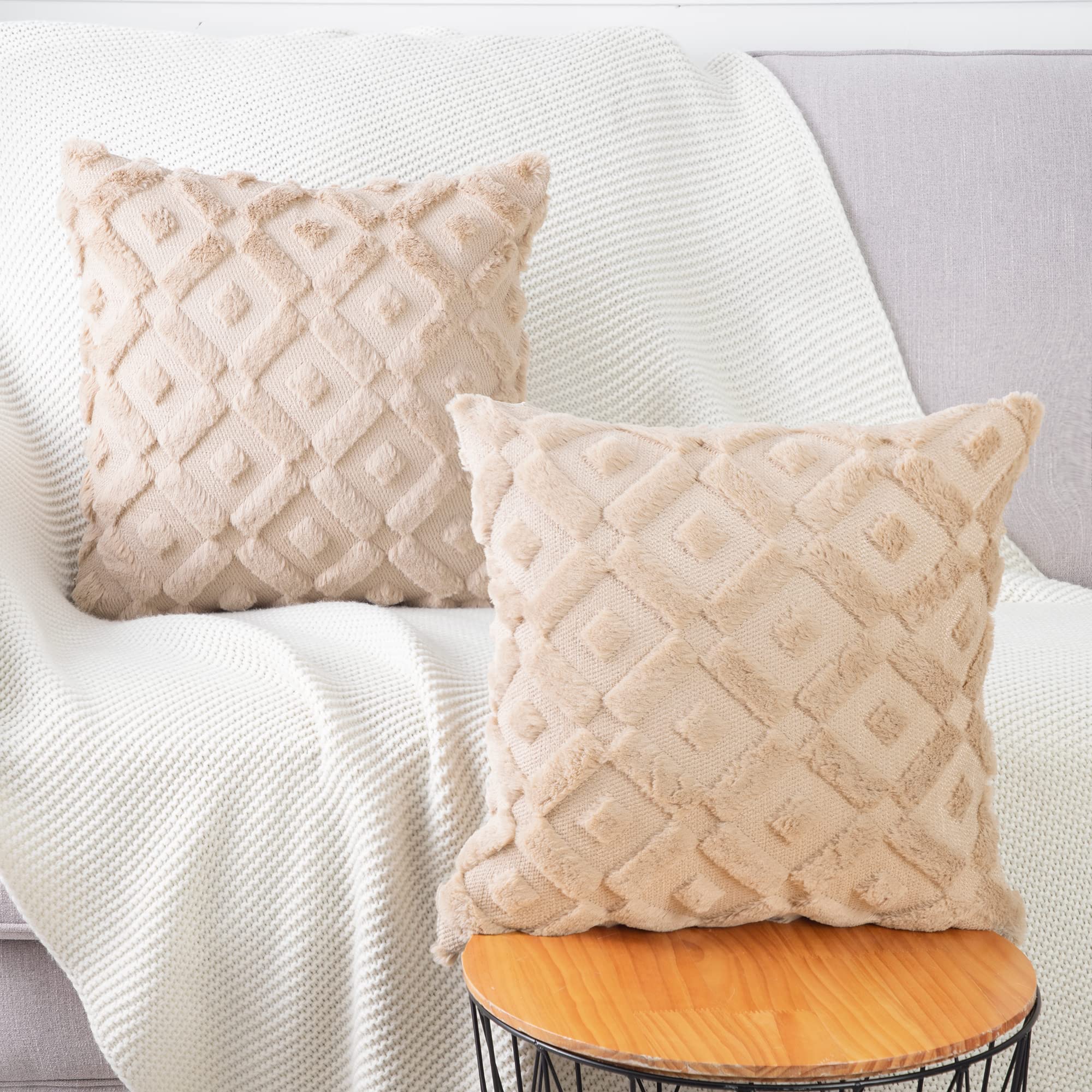 MADIZZ Set of 2 Khaki Plush Short Wool Throw Pillow Covers 12x12 Inch Square - Super Soft Cozy Decorative Velvet Cushion Covers for Sofa, Bed, Living Room - Perfect for Home Decor, Winter Comfort & Cozy Reading Nook