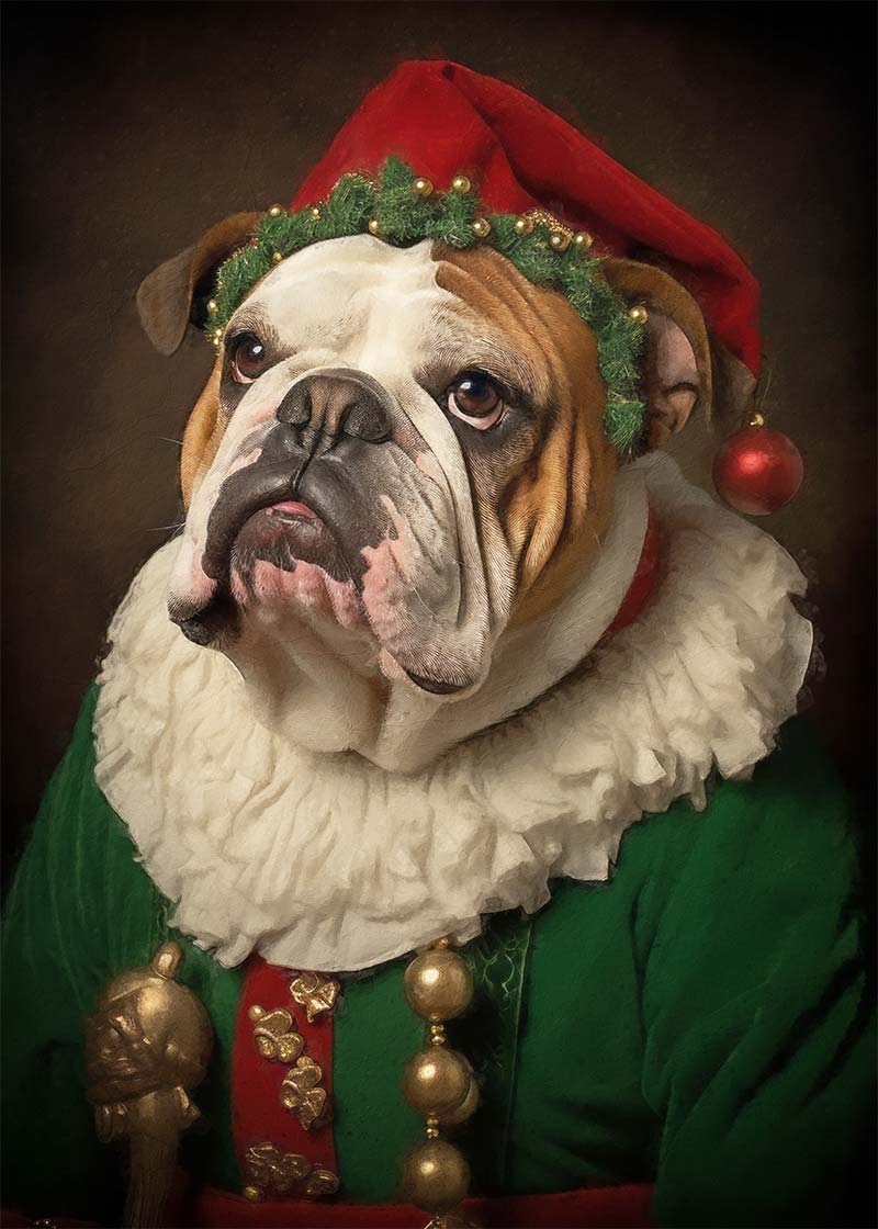Christmas Elf Bulldog Animal Portrait Print - Funny Holiday Wall Art for Home Decor, Gifts & Dog Lovers