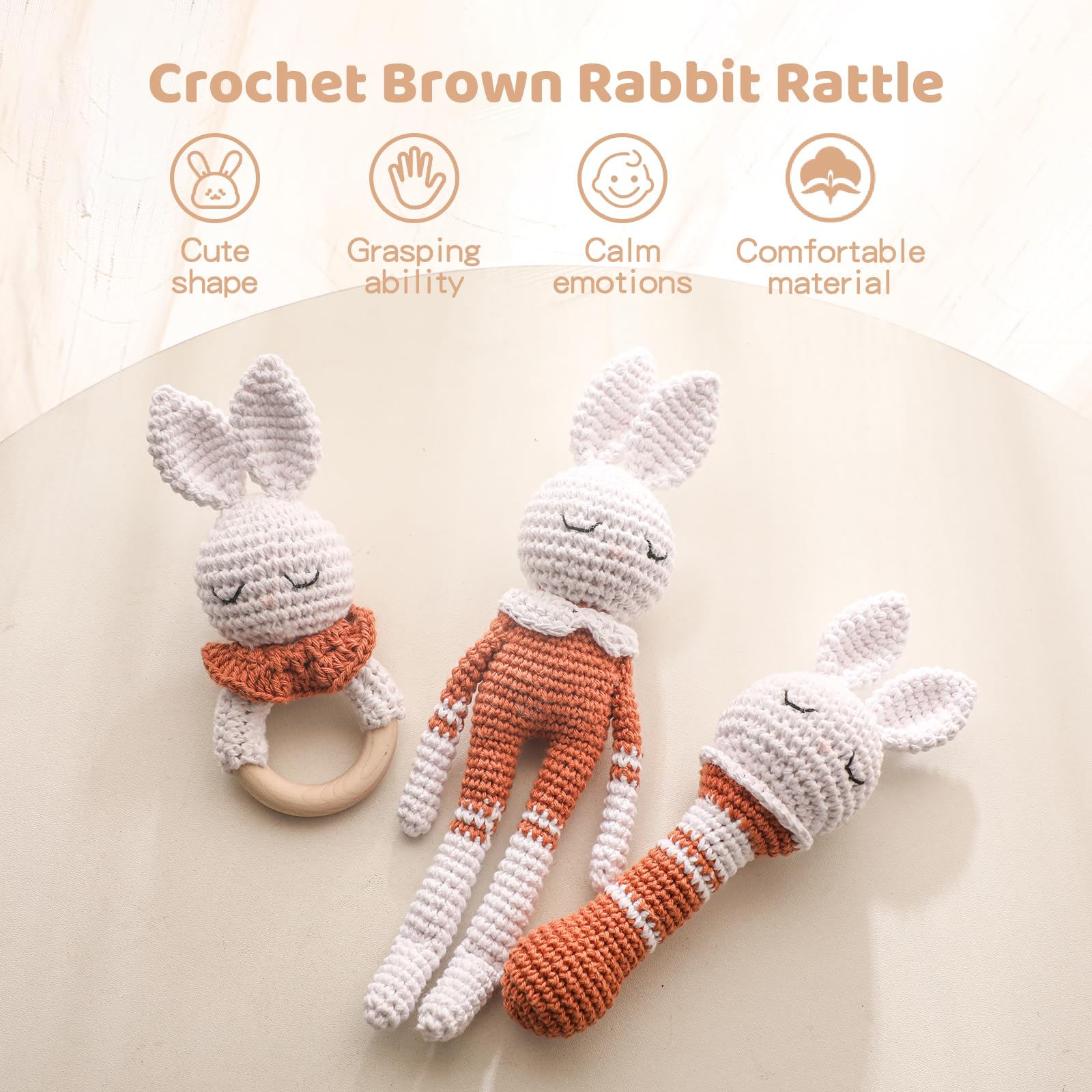 **Crochet Baby Rattle Toy - Handmade Brown Bunny Doll for Newborns & Toddlers | Soft & Safe Infant Soothing Toy for Playtime & Nursery Decor**