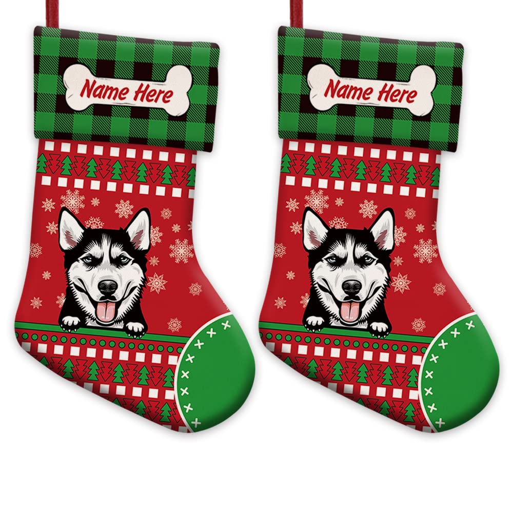 2 Pack Custom Christmas Stockings - Red Husky Dog Bone & Buffalo Plaid Snowflake Design, 14.4 Inch Holiday Decor for Fireplace Mantel, Xmas Tree, Festive Home Decorations