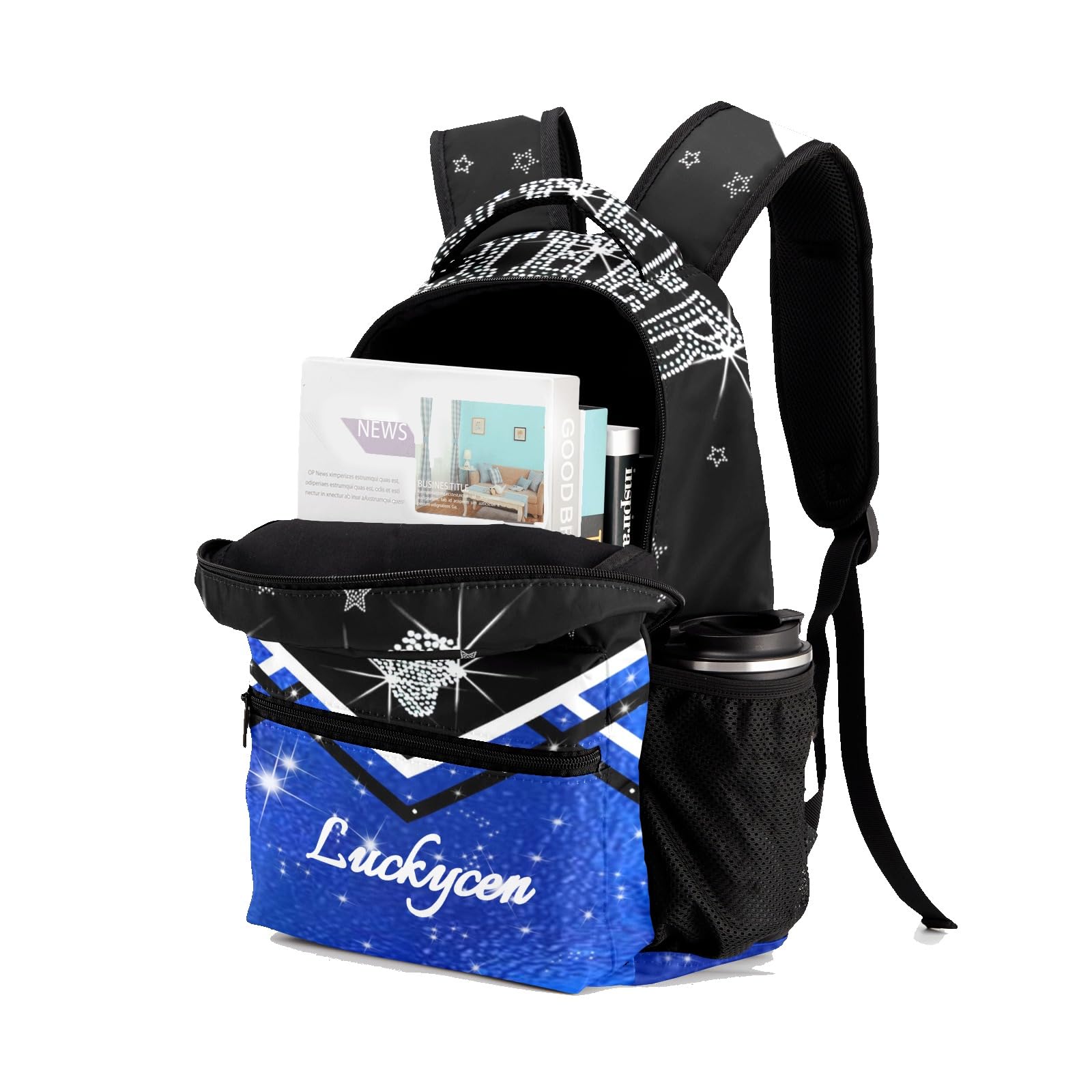 Custom Cheerleading Backpack for Girls - Personalized Name Cheer Bag with Adjustable Straps | Perfect for School, Gym & Cheer Practice (Blue & Black)