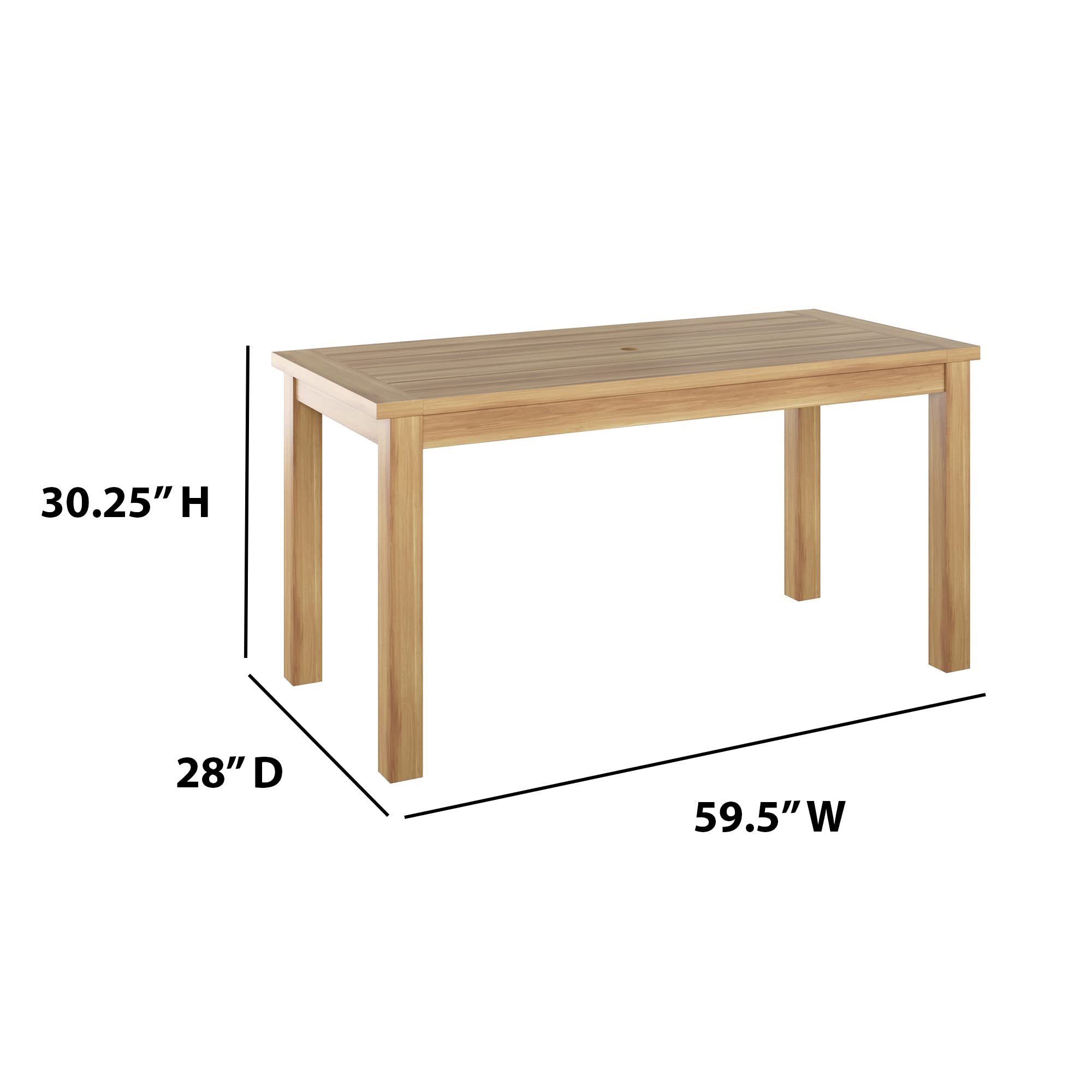TK Classics DT60-79-Q688 60 Inch Acacia Wood Rectangular Dining Table with Umbrella Hole - Natural Beige Finish - Perfect for Patio, Backyard, and Outdoor Dining Areas