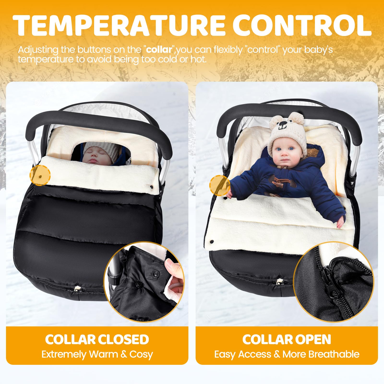 Orzbow Universal Baby Car Seat Cover - Waterproof & Warm Coral Fleece with Adjustable Collar, Zipper Closure - Detachable & Machine Washable Winter Car Seat Protector for Infants (Black) - Perfect for Cold Weather & Daily Commute