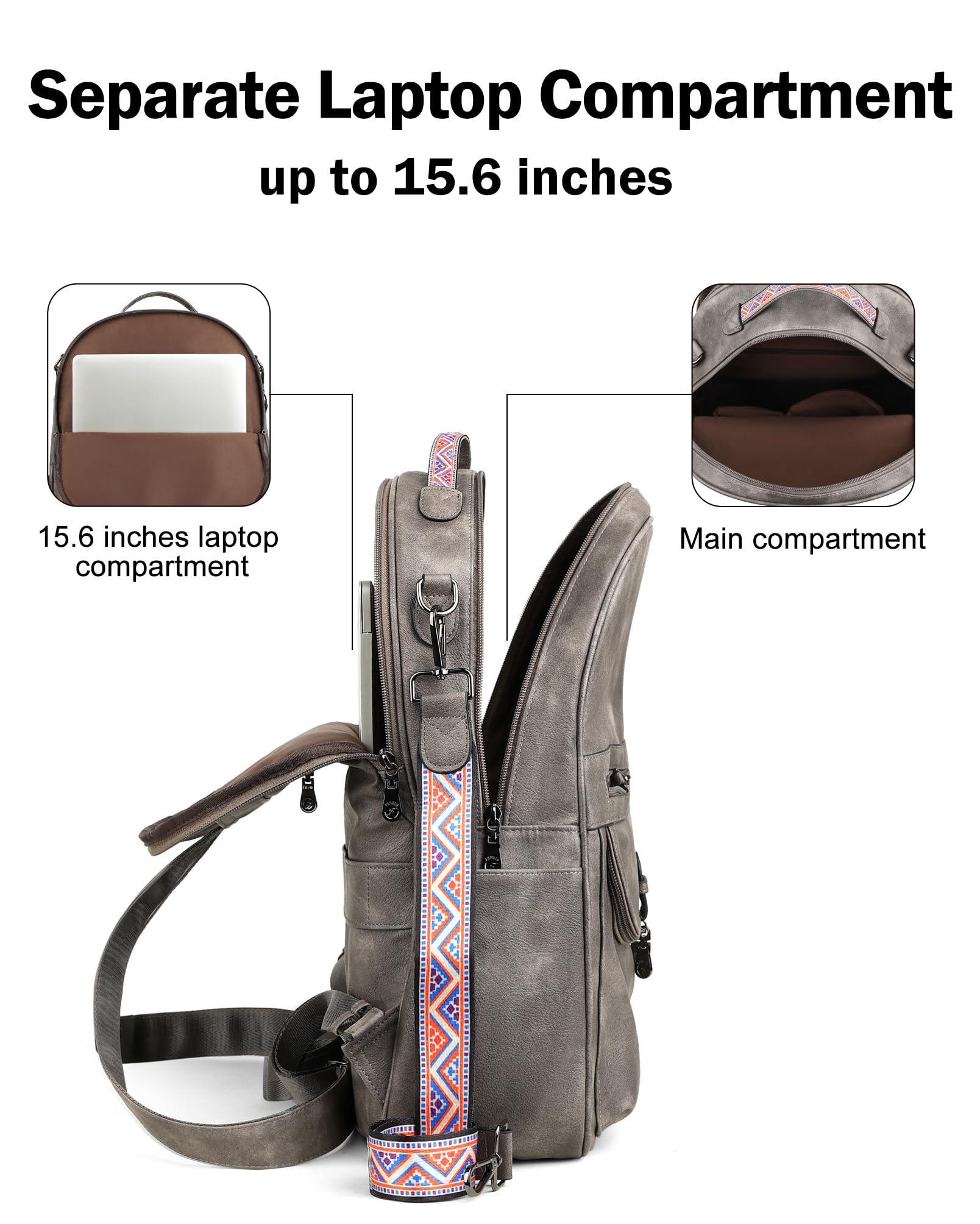 FADEON Leather Laptop Backpack for Women - Stylish PU Travel Bag with Laptop Compartment for Work & Commuting