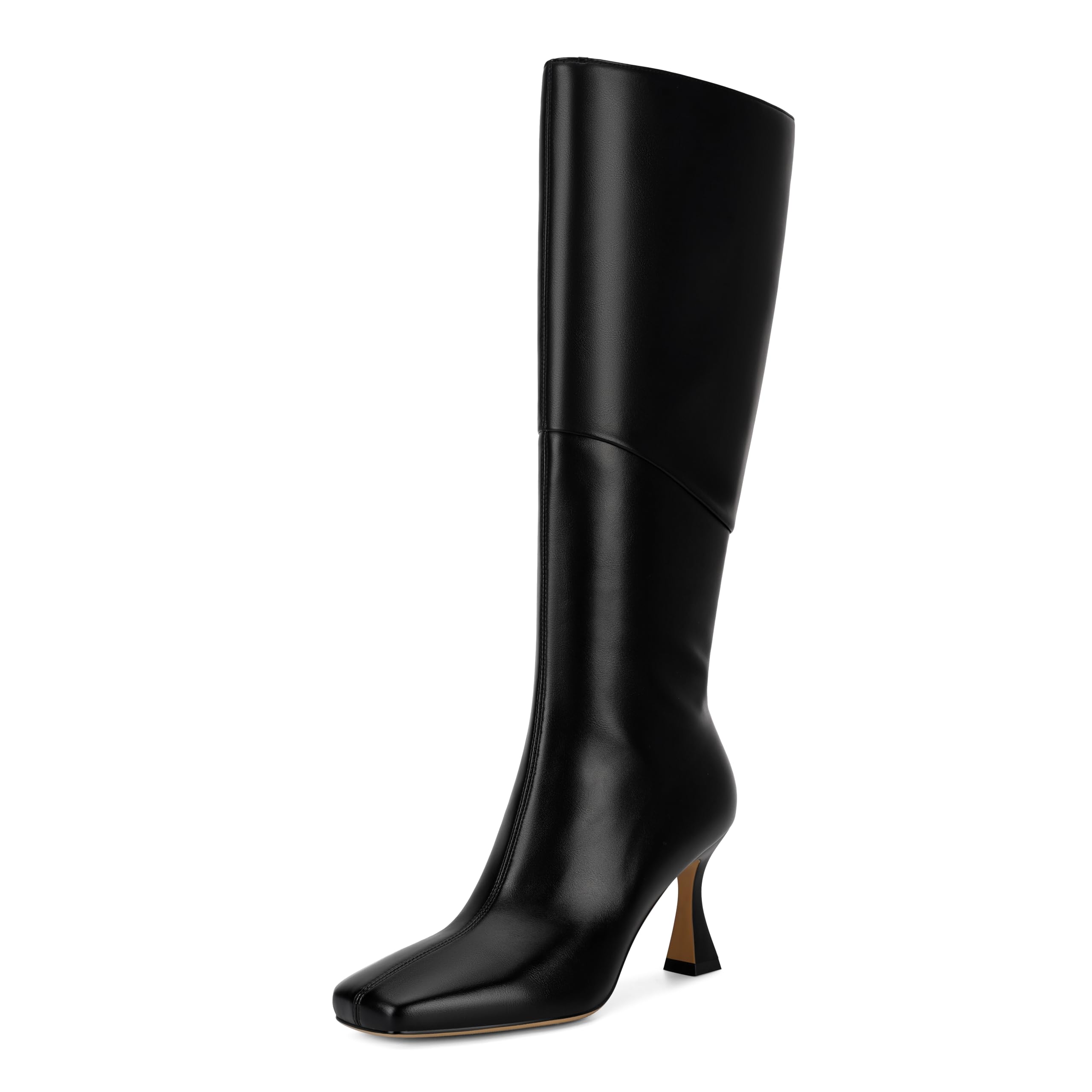 DOEYG Women's Black Leather Knee High Boots - Kitten Heel Square Toe Stiletto Heels Dressy Fashion Boots with Side Zipper | Perfect for Office, Party & Winter Outfits
