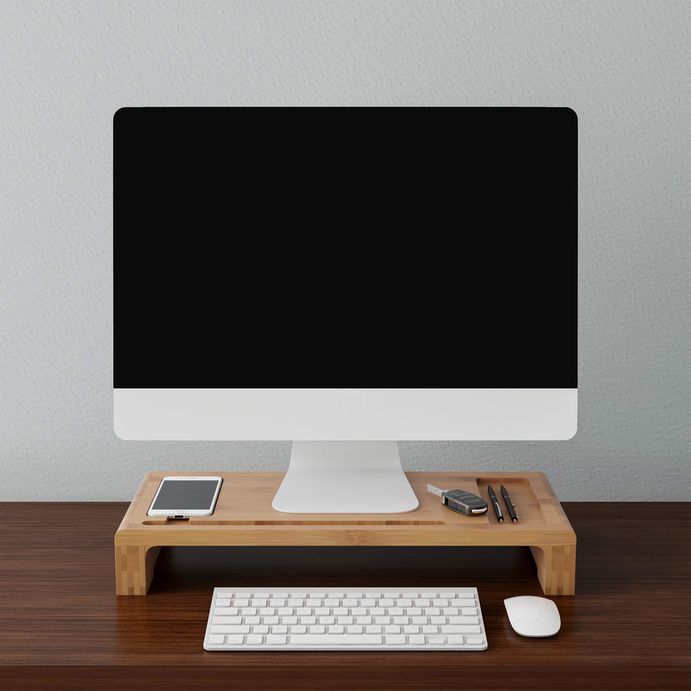 Modern Bamboo Monitor Stand & Desk Organizer – Laptop Riser, PC Computer Shelf for Home or Office by Lavish Home – Perfect for Ergonomic Workspace Setup