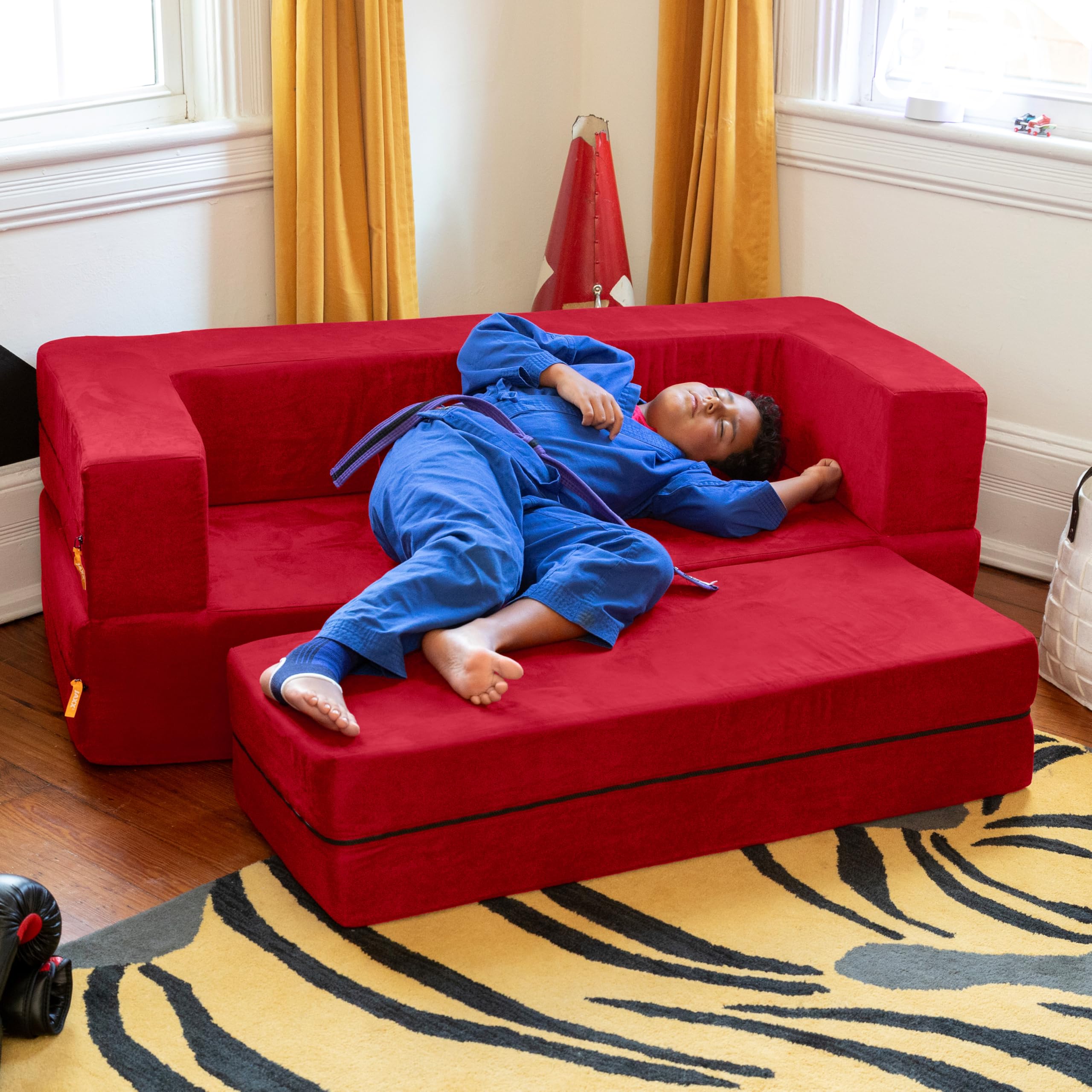 Jaxx Zipline 3-in-1 Fold Out Sofa with Large Ottoman - Big Kids Edition in Cherry Red (17454) | Convertible Sleeper Sofa for Playrooms, Dorm Rooms & Small Spaces