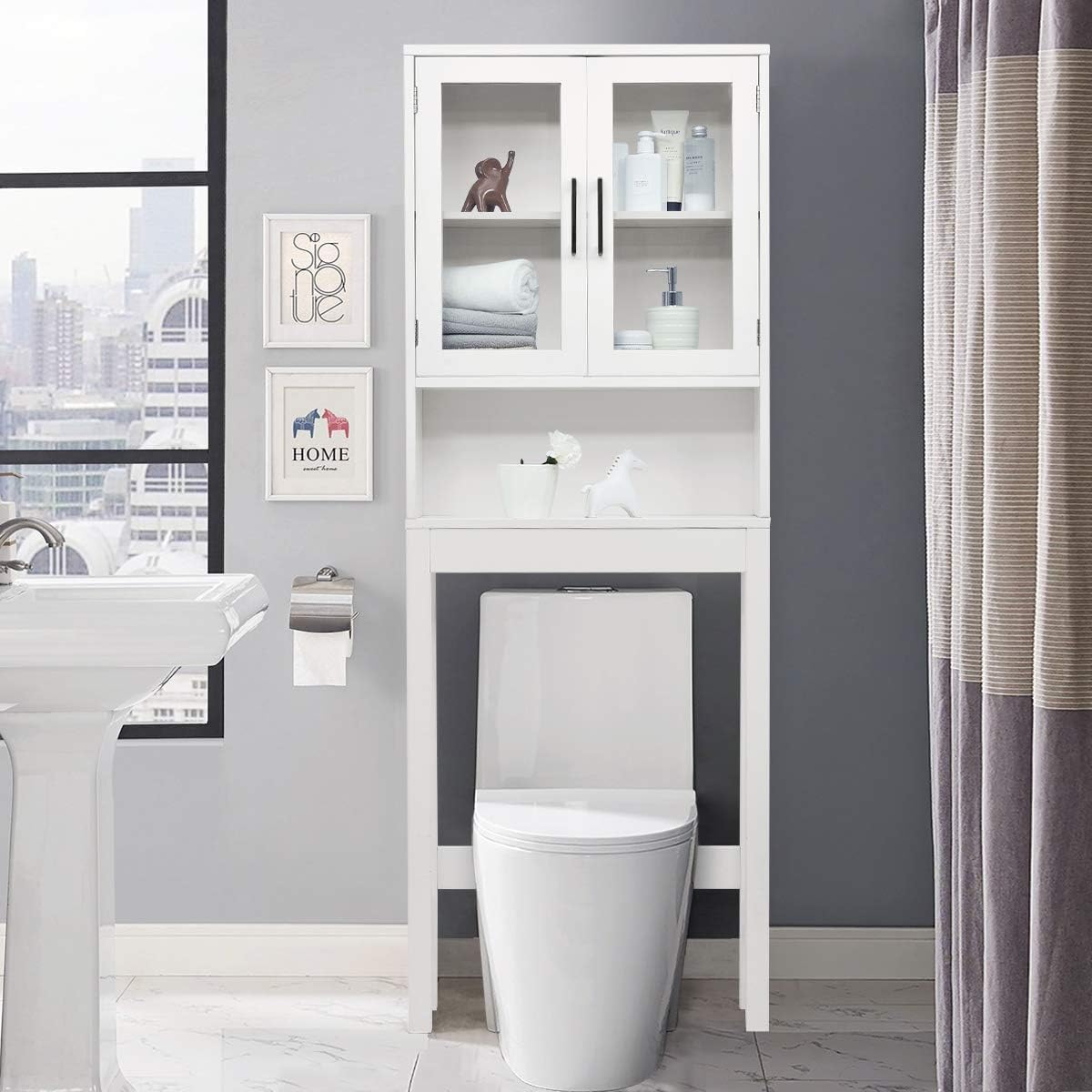 FCH Carved Double Door Toilet Cabinet - Over The Toilet Bathroom Storage Organizer with Drop Door, Space Saving Bathroom Shelves for Home | Perfect for Small Bathrooms, Apartments & Powder Rooms
