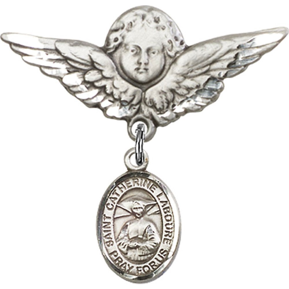 Sterling Silver Baby Badge with St. Catherine Laboure Charm & Angel Wing Pin - Perfect for Christening Gifts, Baby Blessings & Religious Jewelry Collections