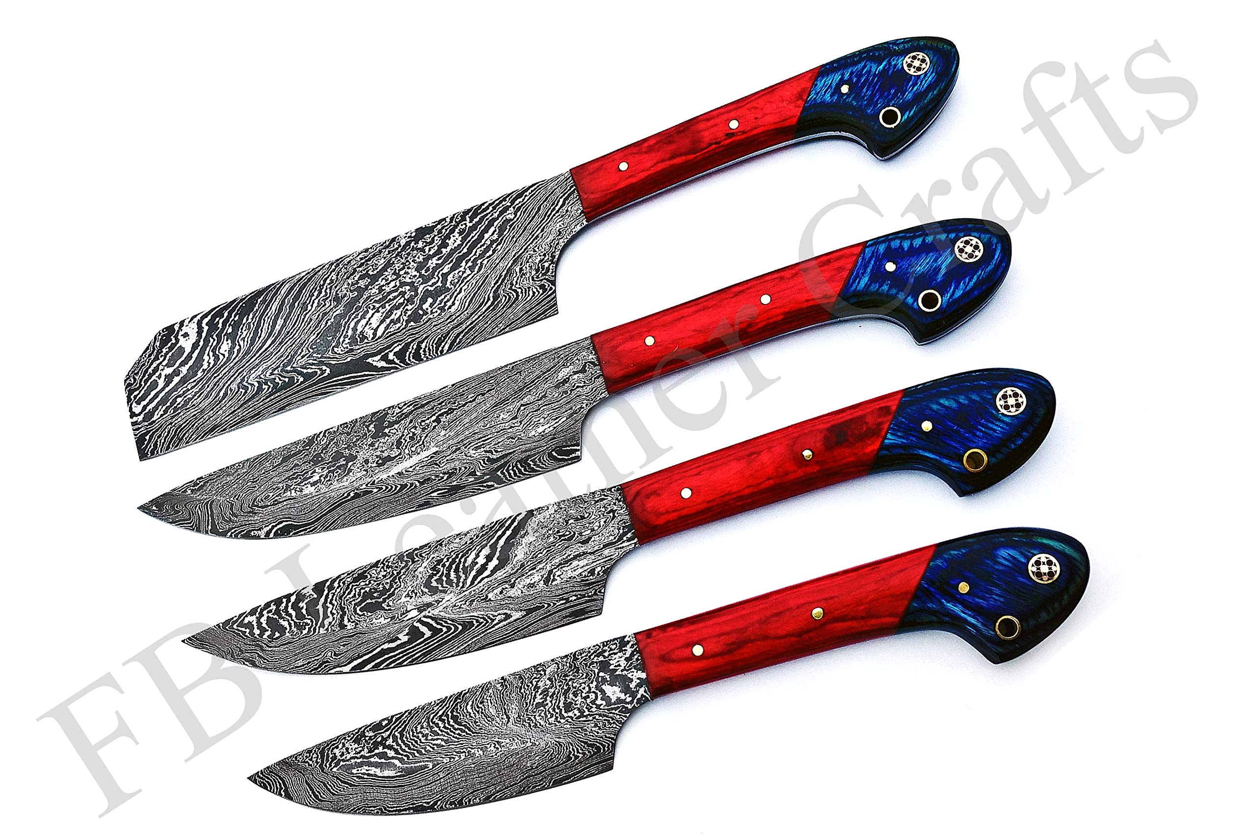 Premium Damascus Steel Knife Set - Hand Forged 4-Piece Chef & BBQ Knives with Colored Wood Handle (Red/Blue) - Perfect for Professional Cooking, Outdoor Grilling & Kitchen Gift