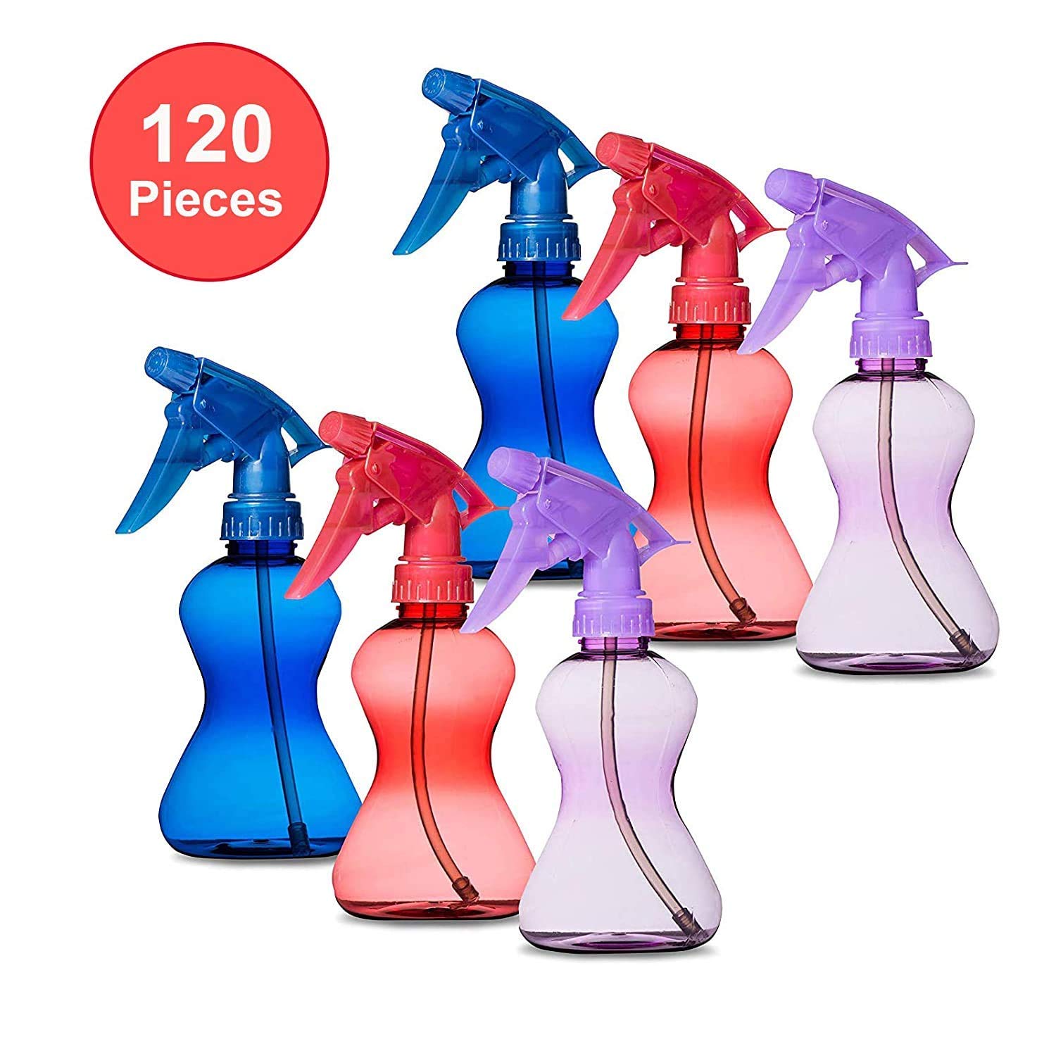120 Pack Spray Bottles Bulk - 10 Oz Empty Plastic Spray Bottles for Hair, Cleaning, Plants & DIY Projects - Fine Mist Sprayer (20 x 6-Packs: 40 Blue, 40 Red, 40 Purple) - Perfect for Salons, Home Cleaning & Gardening