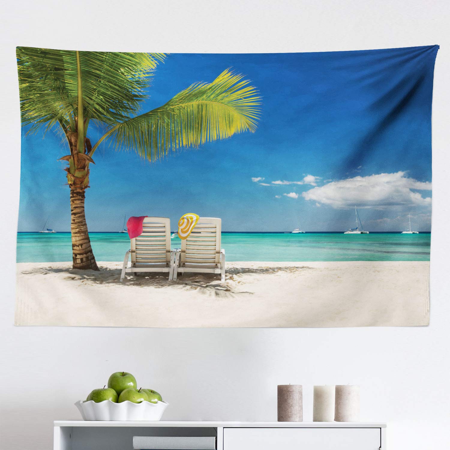 Ambesonne Coastal Tapestry - Ocean Beach Vacation Decor with Palm Trees, Chairs & Boats Panoramic View | 45x30 Inch Blue Green Fabric Wall Hanging for Bedroom, Living Room, Dorm | Perfect for Beach House Decor, Boho Room Aesthetic & Meditation Spaces