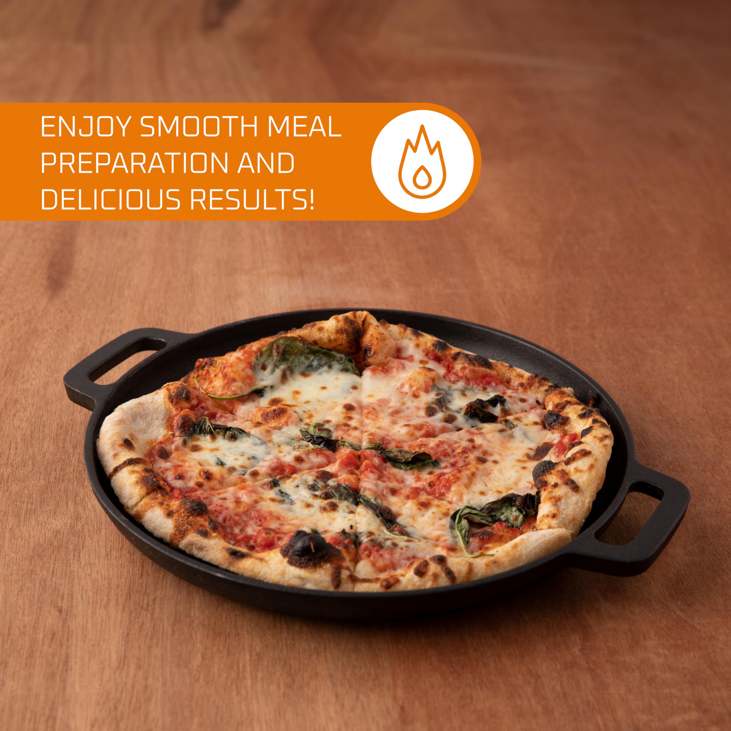 Bruntmor 12-Inch Pre-Seasoned Cast Iron Skillet Pizza Pan - Heavy-Duty Dual Handle Frying Pan for Oven, Stove & Campfire - Perfect for Outdoor Cooking, Baking & Grilling at Home, Camping or BBQ Parties