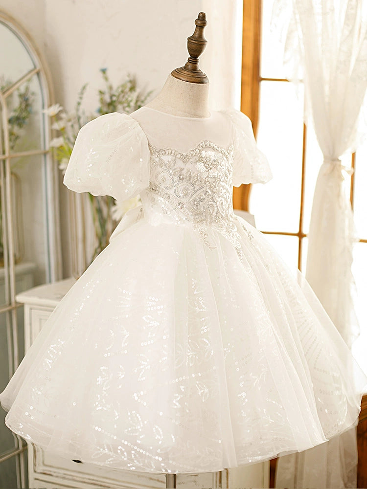 White Princess Round Tea Length Tulle Flower Girl Dress - Perfect for Weddings, Birthday Parties & Special Occasions