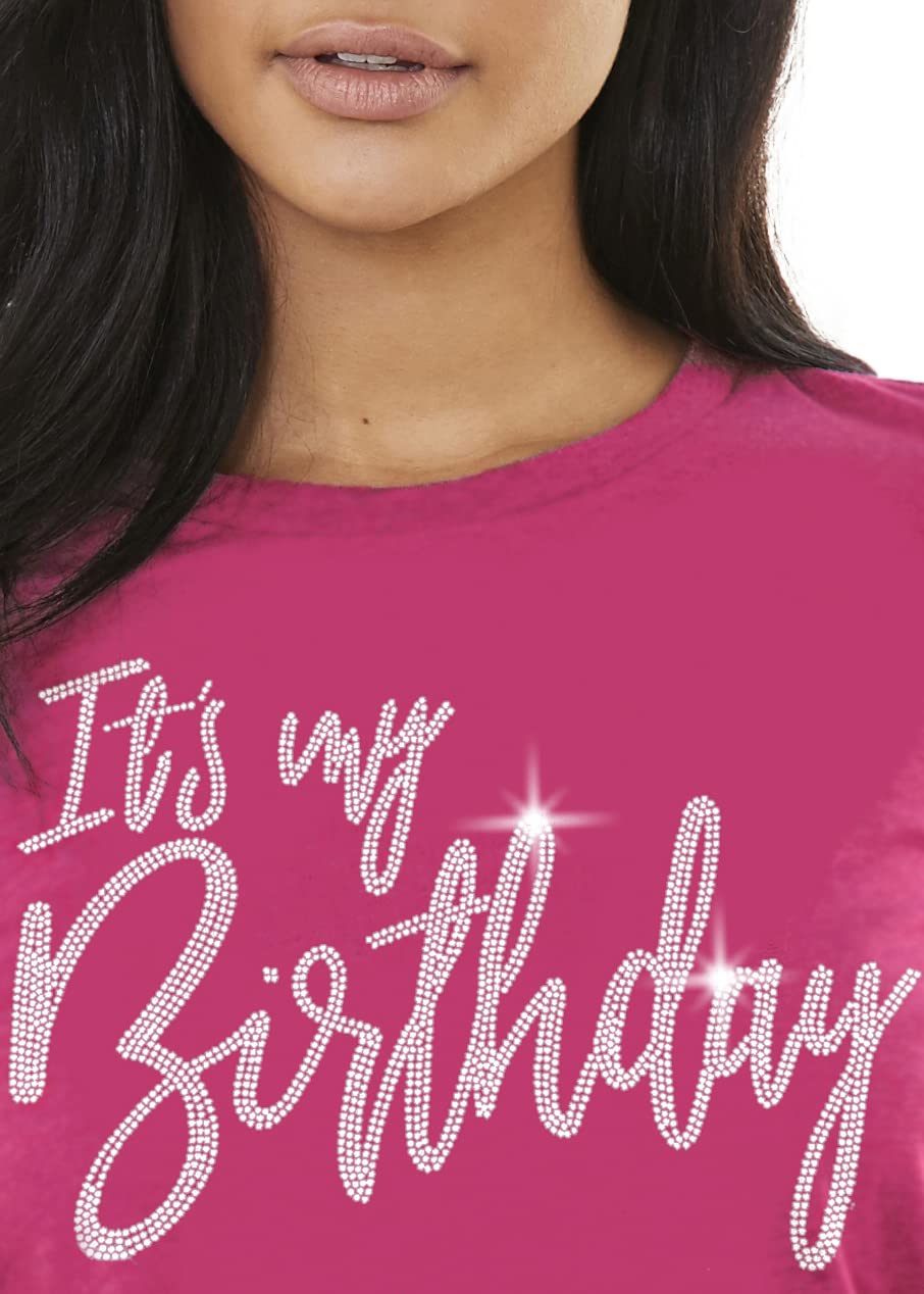 Sparkling Pink Birthday Shirts for Women - Genuine Crystal Rhinestone Magenta Blouse - Elegant Hot Pink Birthday T-Shirt | Perfect for Birthday Parties, Girls' Night Out & Special Celebrations