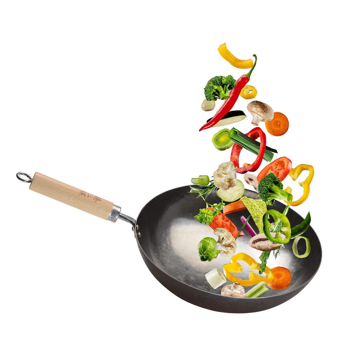 Authentic Chinese Hand-Hammered Iron Wok Pan - 34cm Seasoned Carbon Steel Stir Fry Pan with Wooden Handle - Perfect for Asian Cooking, Stir-Frying, Deep Frying & Home Kitchen Use