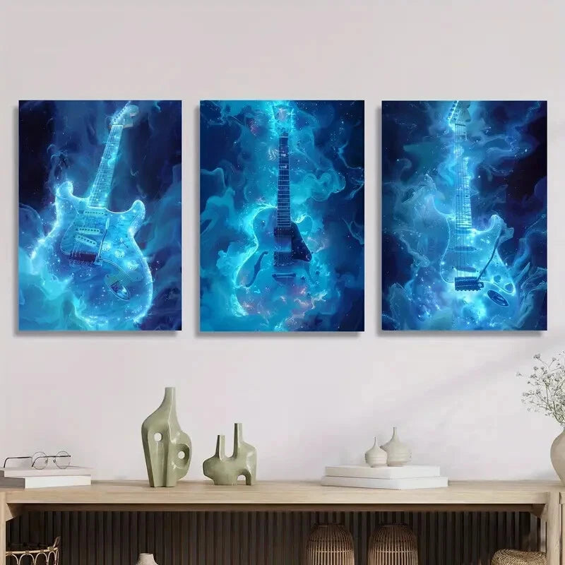 3-Piece Music Wave Poster Set - Guitar Themed Metal Wall Art - Ready to Hang - Perfect for Bedroom, Living Room & Music Studio Decor