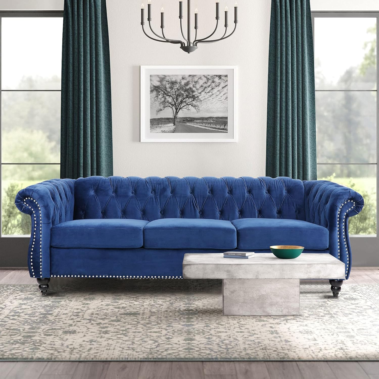 AVZEAR Velvet Chesterfield Sofa - 3 Seater Modern Tufted Couch for Living Room, Classic Blue Fabric Upholstered Furniture | Perfect for Lounge, Home Theater & Apartment Decor
