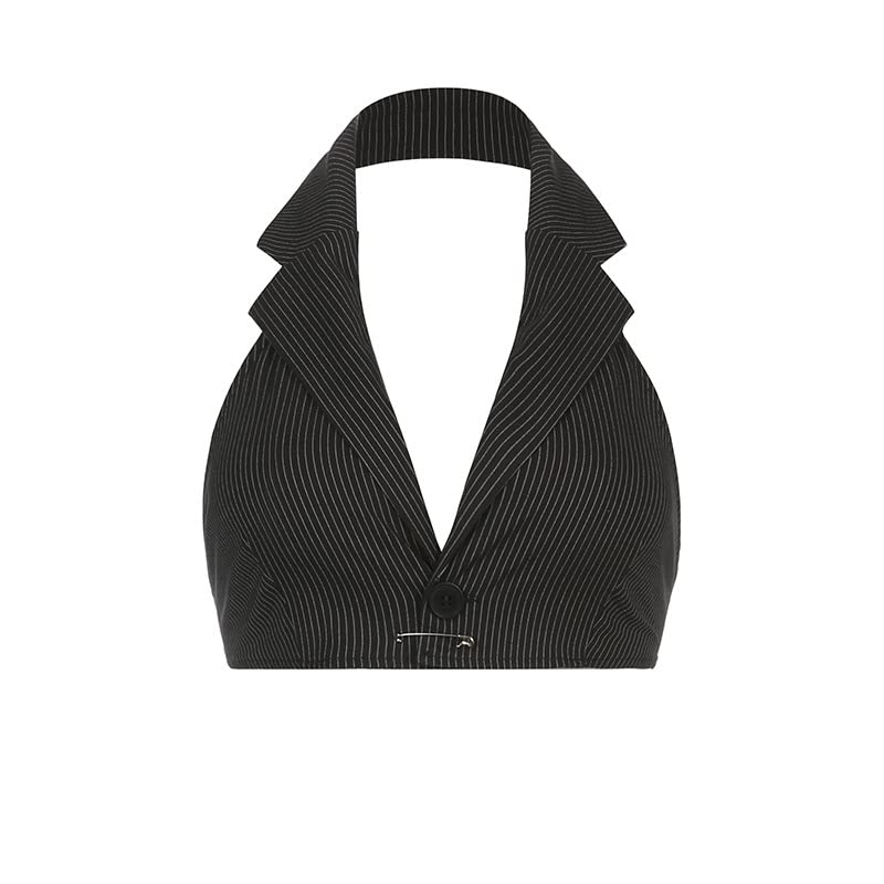 Women's Y2K Vintage Striped Halter Crop Top - 90s Retro Aesthetic Suit Collar Camisole & Tube Top | Perfect for Casual Outfits, Summer Parties & Streetwear Fashion