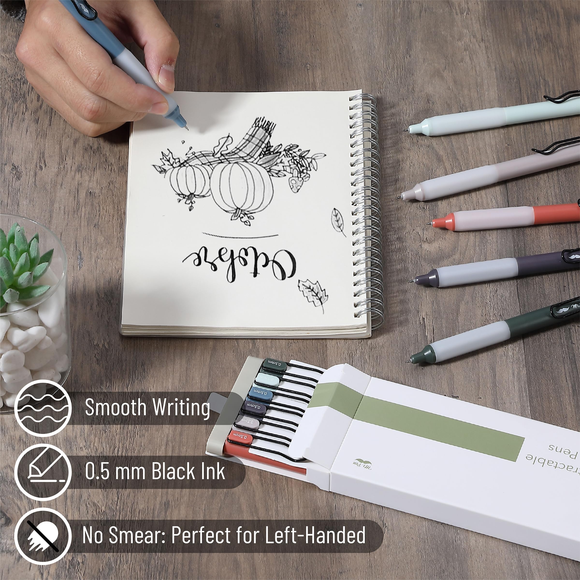 Mr. Pen Retractable Gel Pens 6-Pack - 0.5mm Fine Point Black Ink Fast Drying Vintage Barrel Design - Perfect for Office, School, Note Taking & Journaling