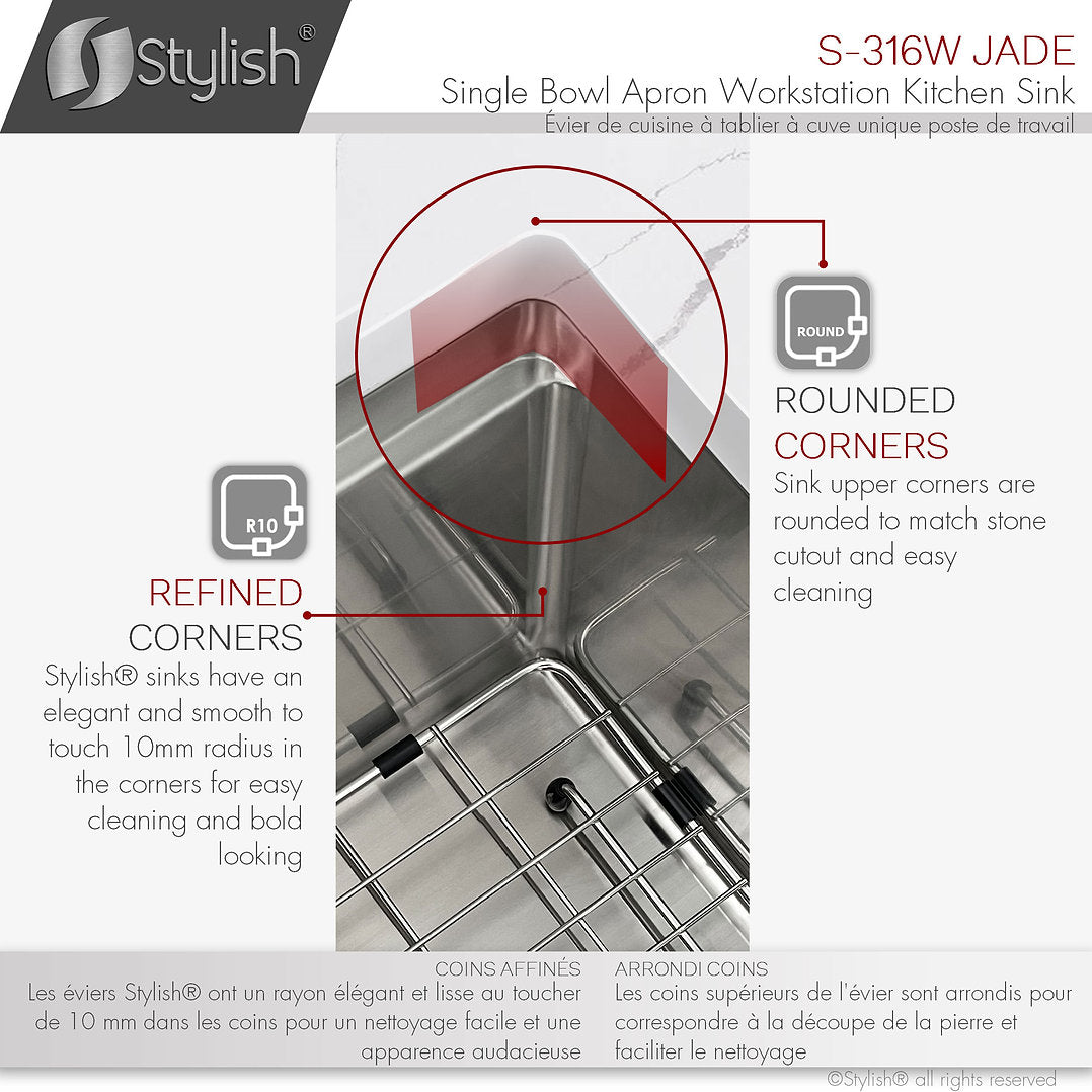 Stylish 30-Inch JADE S 316L Farmhouse Single Bowl Stainless Steel Apron Kitchen Sink with Accessories - Perfect for Modern Farmhouse & Rustic Style Kitchens