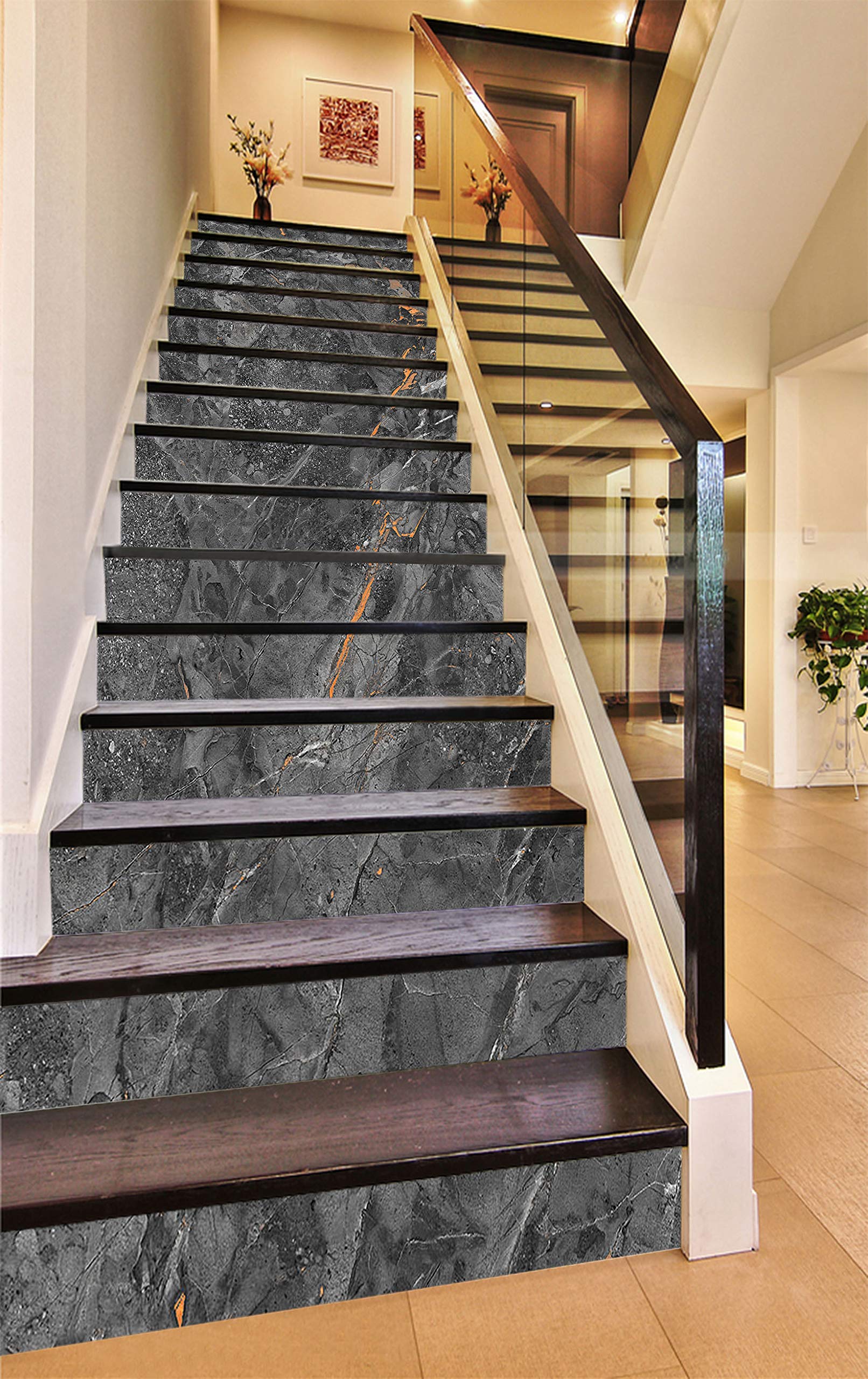 3D Broken Gray Tile Marble Stair Risers Decorative Vinyl Wallpaper Mural - 13 Panels (18cm x 102cm / 7