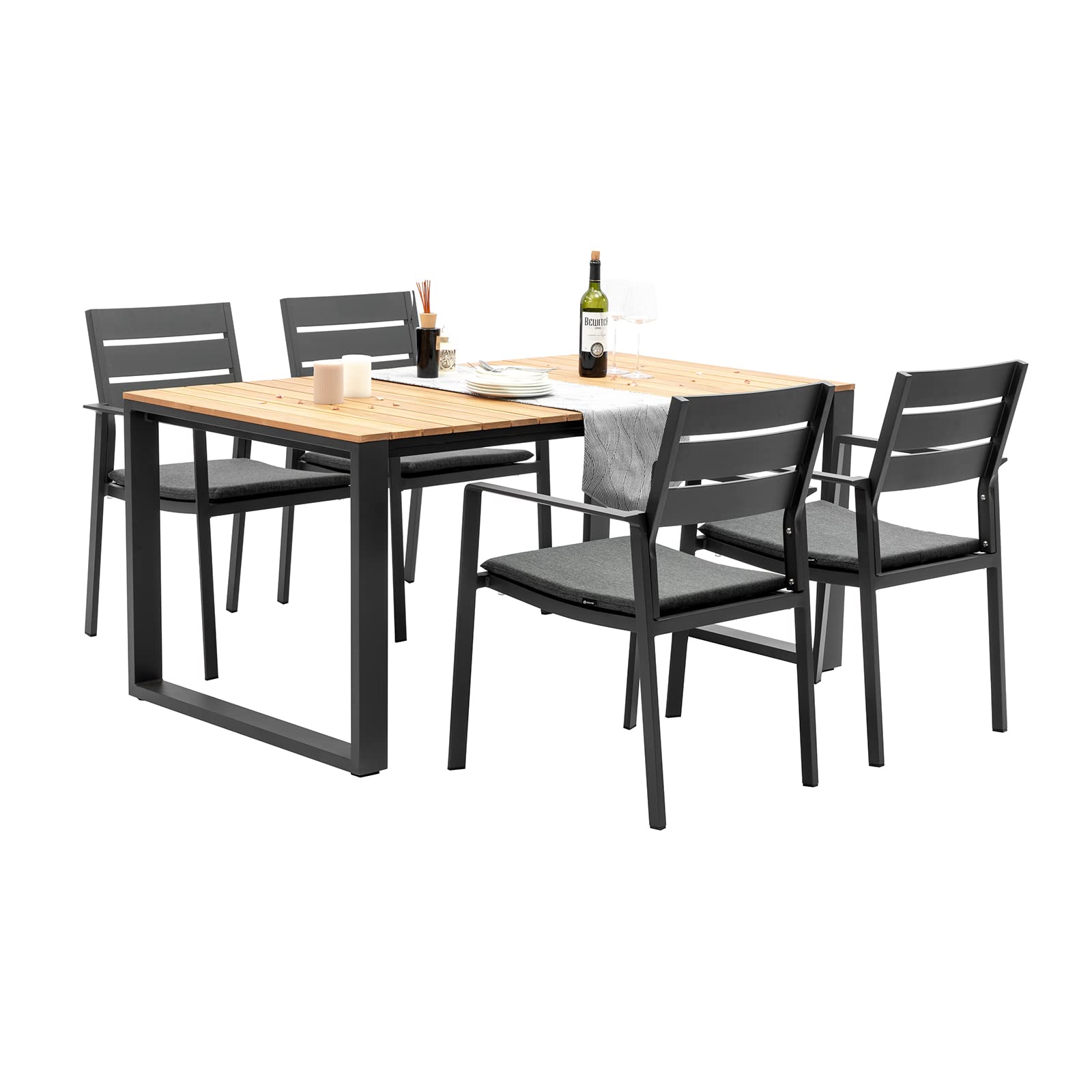 5-Piece Outdoor Dining Set for 4 - Aluminum Patio Table with Teak Tabletop & 4 Stackable Chairs - Grey Bistro Set for Deck, Yard, Garden or Poolside Dining