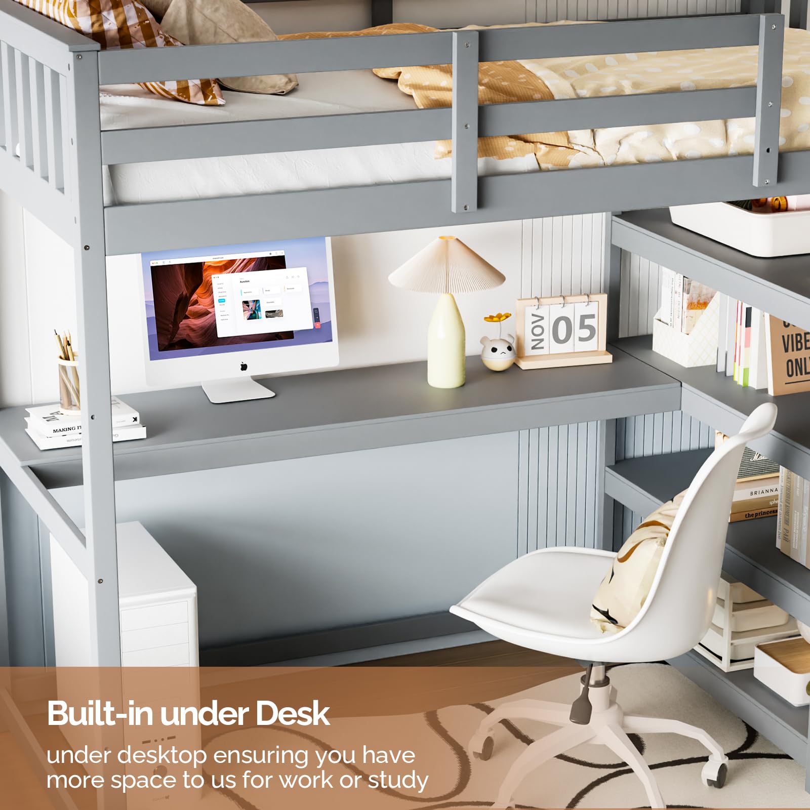 JOYMOR Twin Size Bunk Bed with Built-in Desk & 4-Layer Shelves - Space-Saving Loft Bed with Under Desk Storage & Bookcase - Sturdy Bed Frame for Kids, Teens & Adults - Perfect for Small Bedrooms, Dorms & Studio Apartments