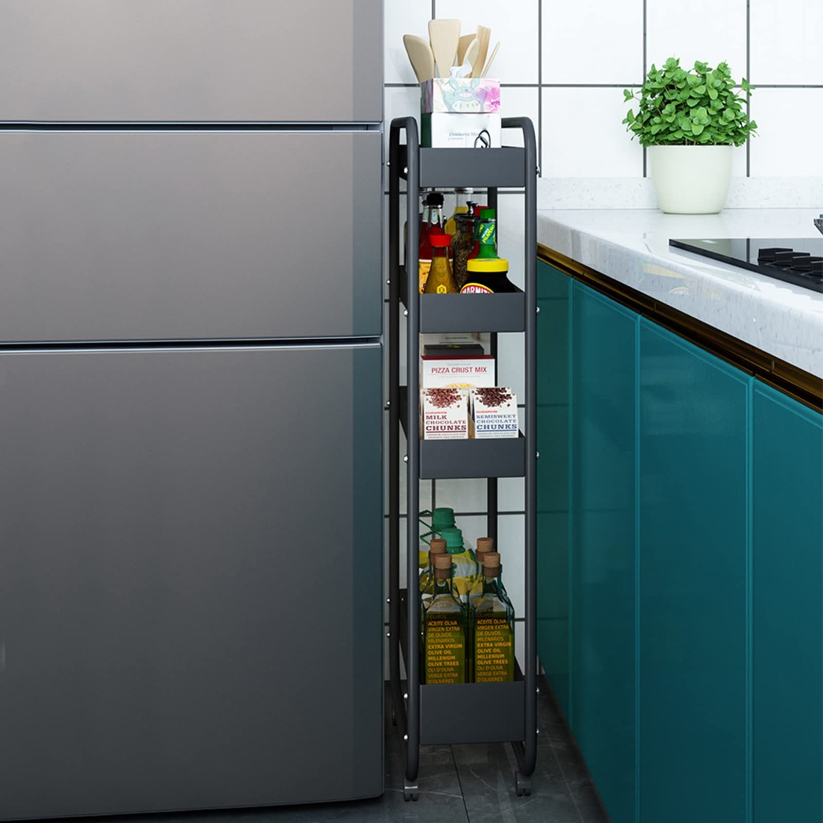 Heavy Duty Kitchen Utility Cart with Wheels, Narrow Black Standing Shelf Unit for Home Pantry & Small Spaces, Slim Rolling Storage Rack - Perfect for Compact Kitchens, Dorm Rooms & Apartment Living