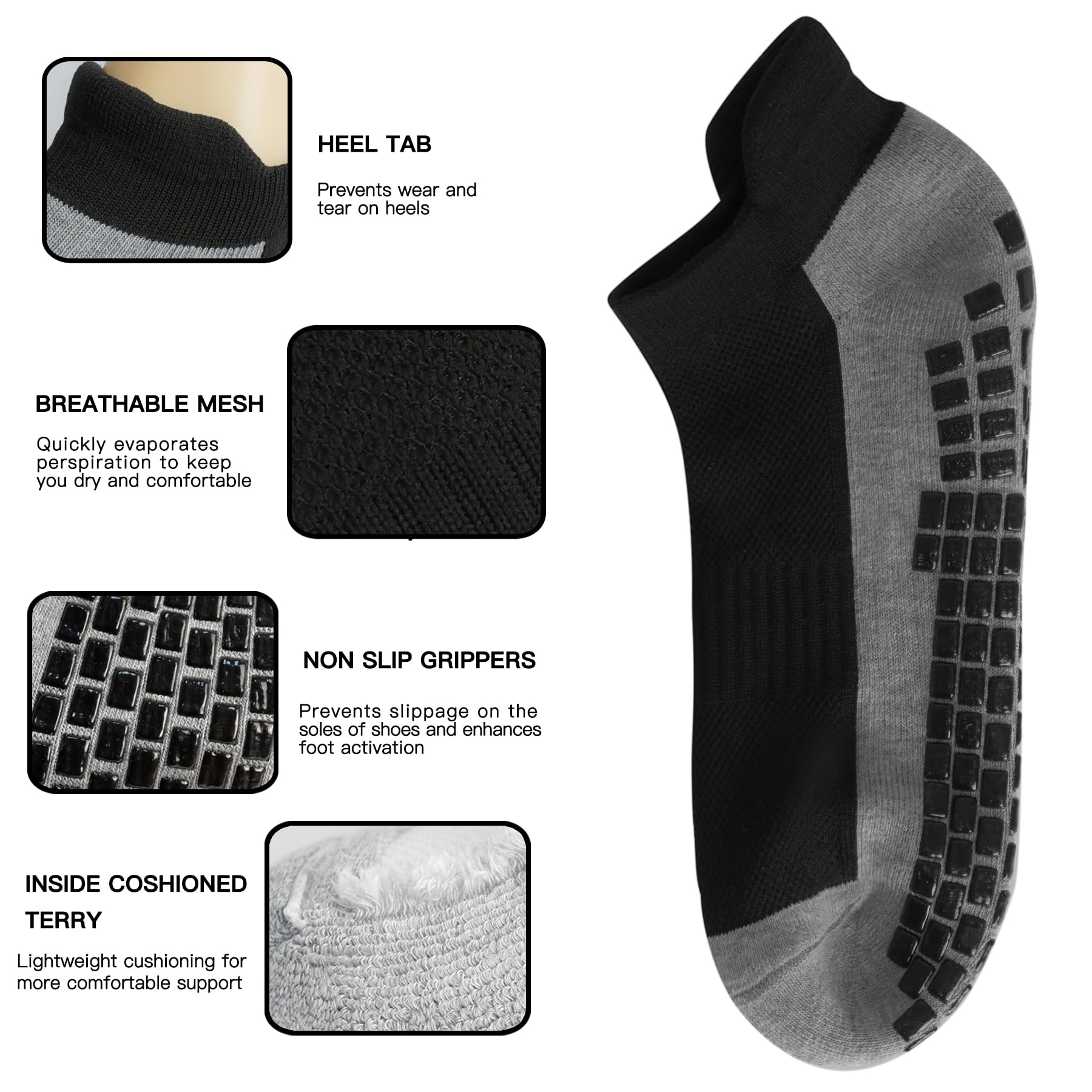 **SkiBeaut Men's Low Cut Non-Slip Grips Cushion Ankle Socks - 3 Pairs for Pilates, Yoga, Hospital & Work - Anti-Skid Breathable Comfort Socks for Men**