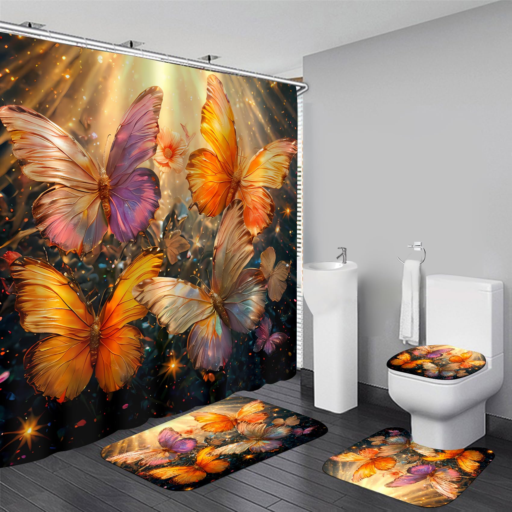 4Pcs Gold Butterfly Shower Curtain Set - Elegant Bathroom Decor with 12 Hooks, Rugs & Toilet Lid Cover - Waterproof Luxury Bath Accessories for Modern Home & Spa-Like Bathroom Experience