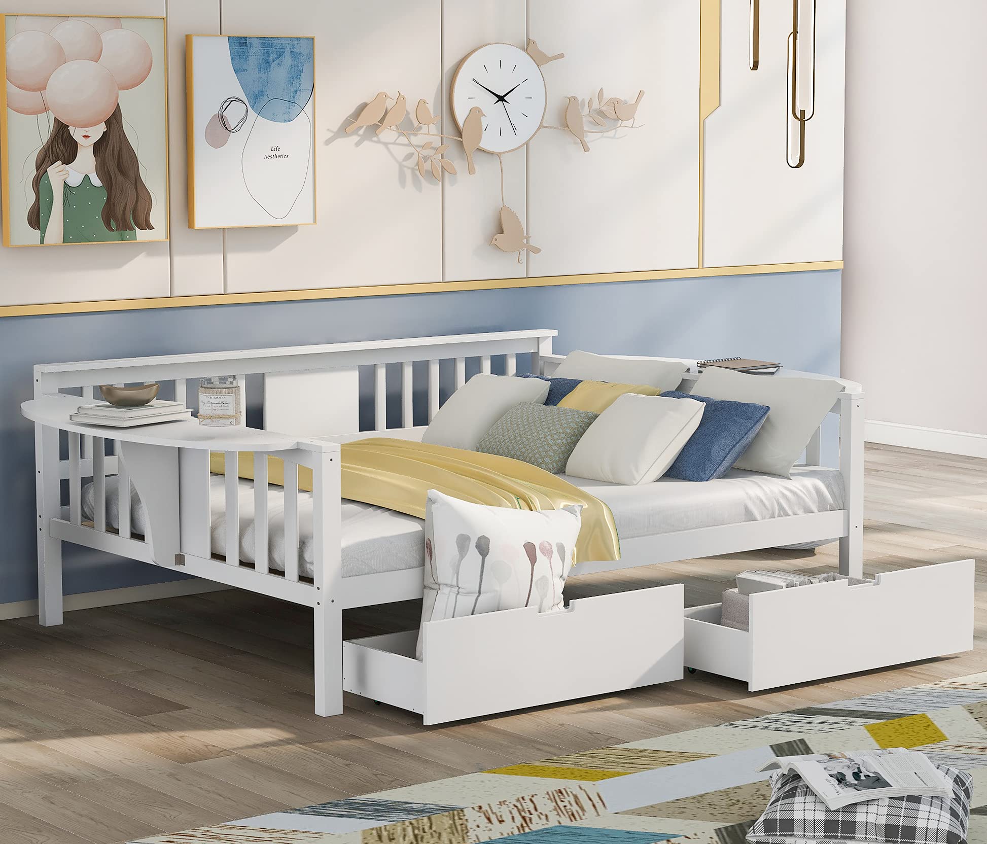 White Full Size Wood Daybed with Storage Drawers & Foldable Side Table - Perfect for Guest Rooms, Small Apartments & Home Offices