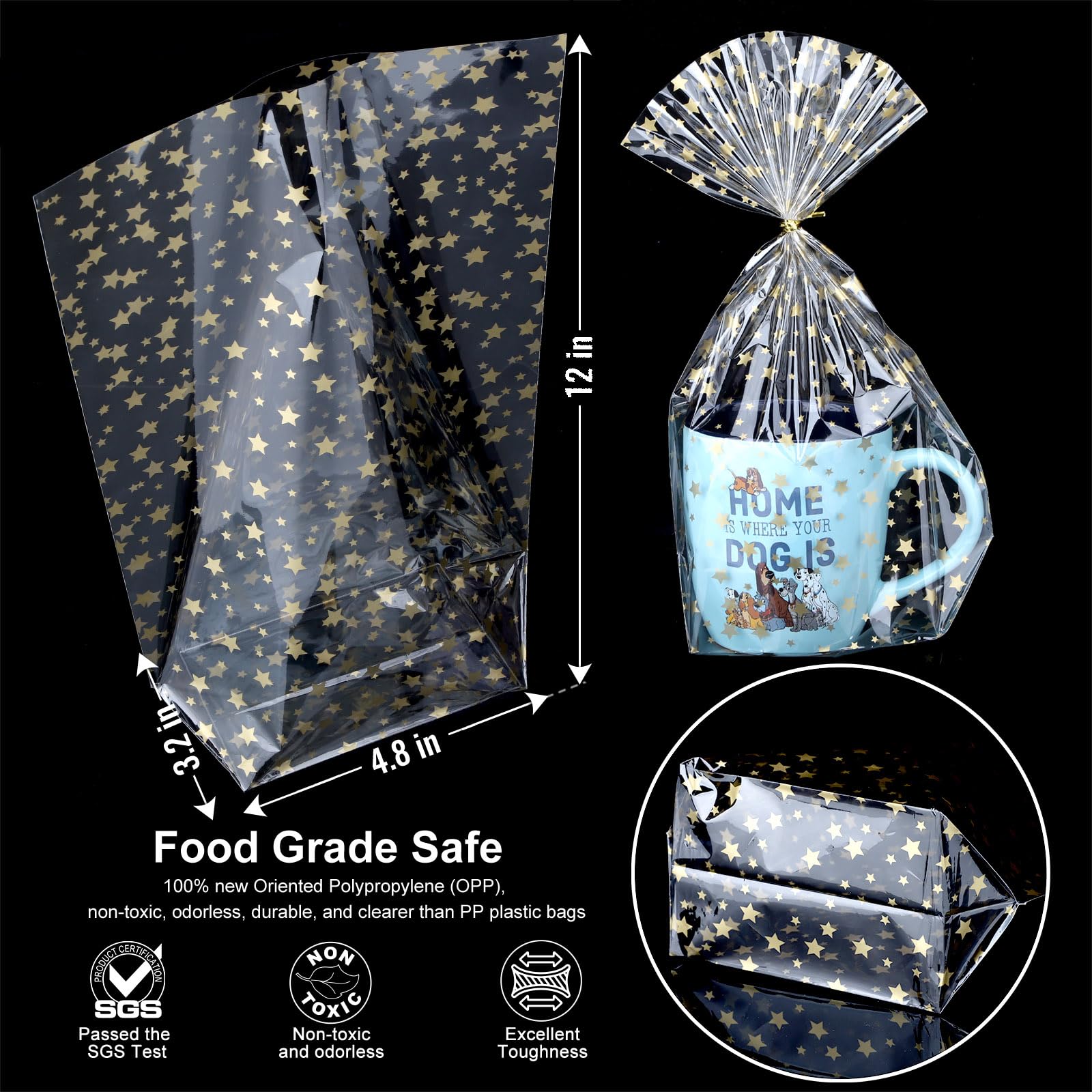 50Pcs 8x12 Inch Clear Cellophane Gift Bags with Gold Star Print & Twist Ties - Bulk Party Favor Bags for Cookies, Candies, Treats & Wedding Favors