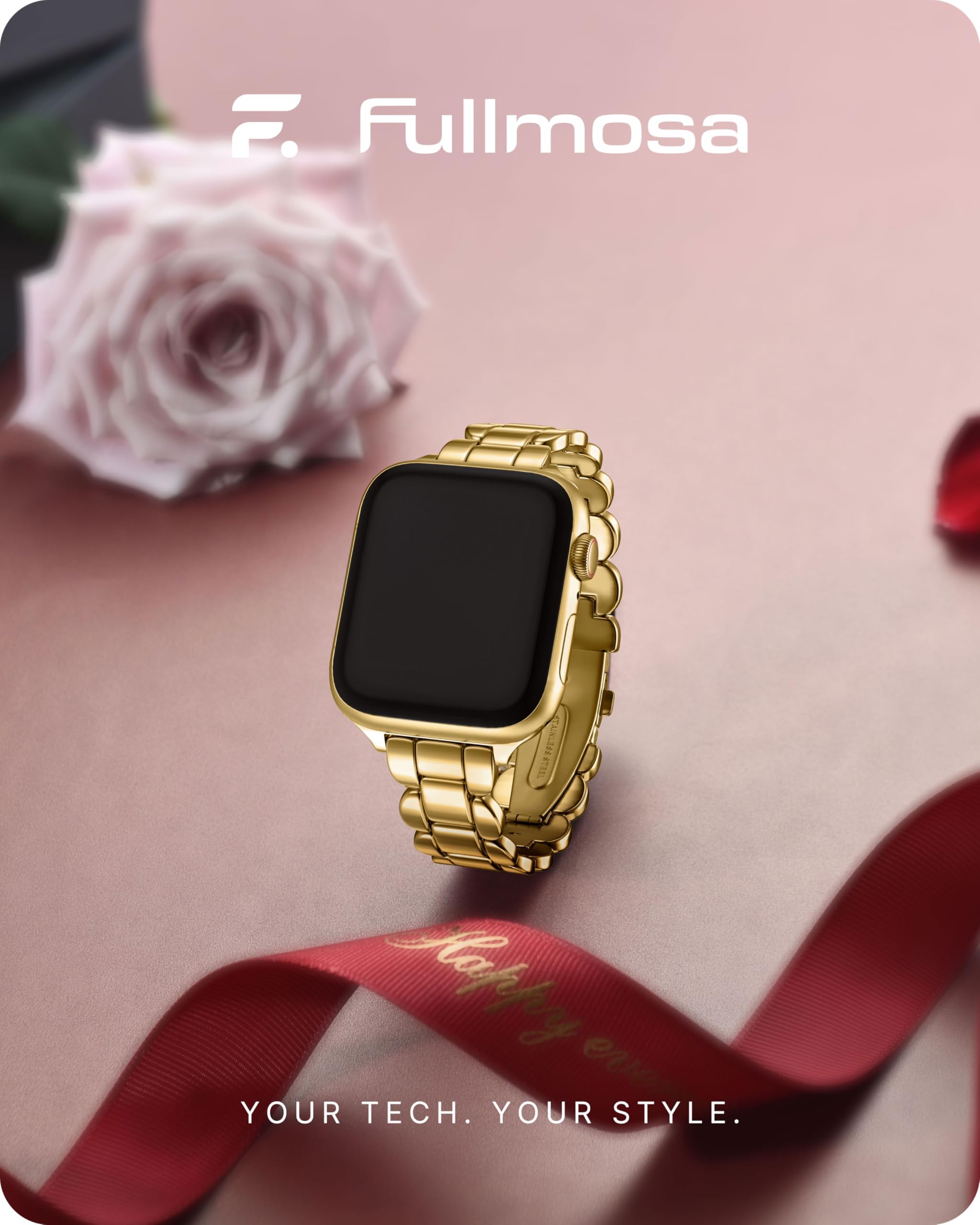 Fullmosa Stainless Steel Metal Band for Apple Watch Series 10 42mm, Series 9/8/7 41mm, SE2/SE/6/5/4 40mm, Series 3/2/1 38mm - Gold Women's Smartwatch Strap for Workout, Office & Everyday Wear