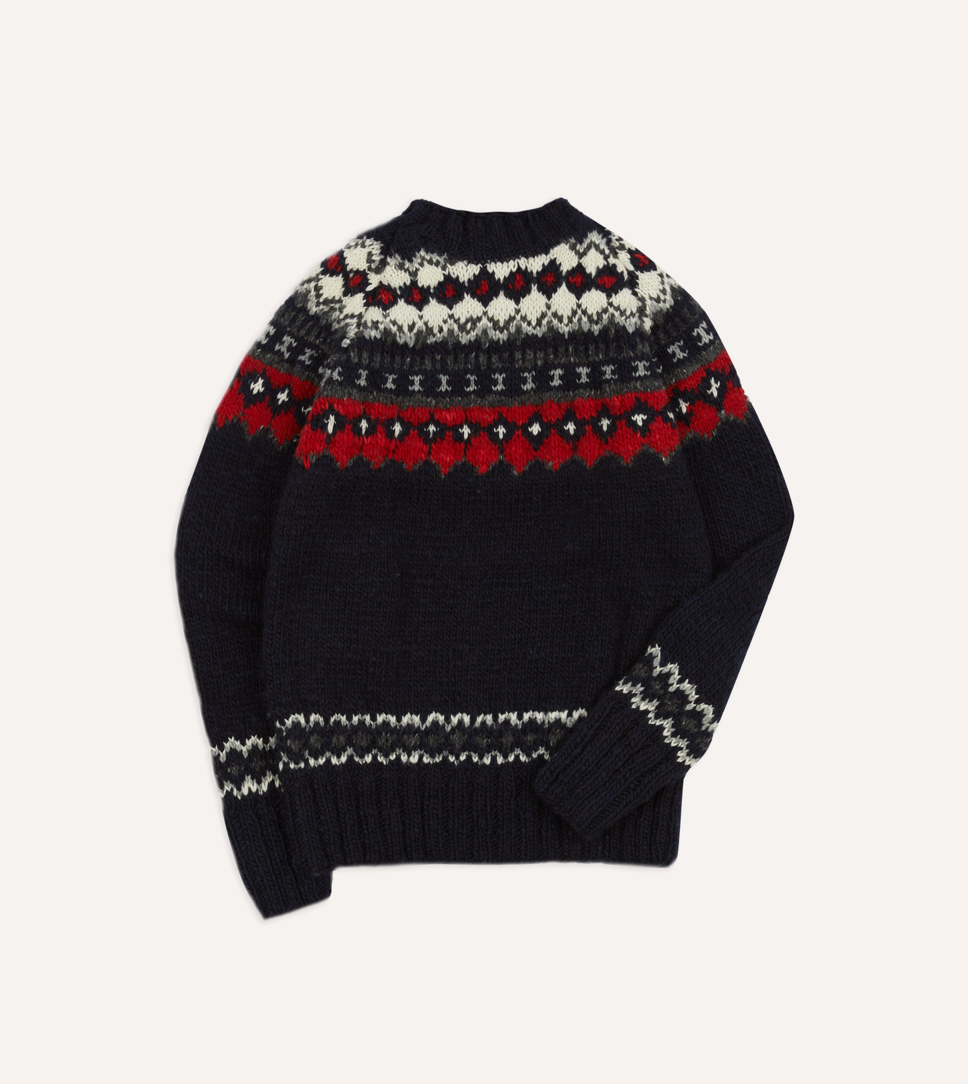 Drake's Navy and Red Fairisle Merino Wool Jumper - Warm Winter Knit Sweater for Men, Cozy Crewneck Pullover for Casual Outfits & Holiday Gatherings