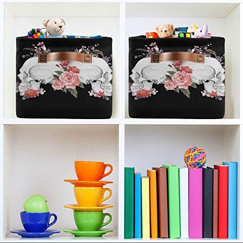 AUUXVA Floral Rose Sugar Skull Halloween Foldable Storage Basket - Large Collapsible Organizer Bin with Handles for Toys, Bathroom, Nursery & Closet (1 Pack) | Perfect for Seasonal Decor, Kids Room Organization & Home Storage Solutions