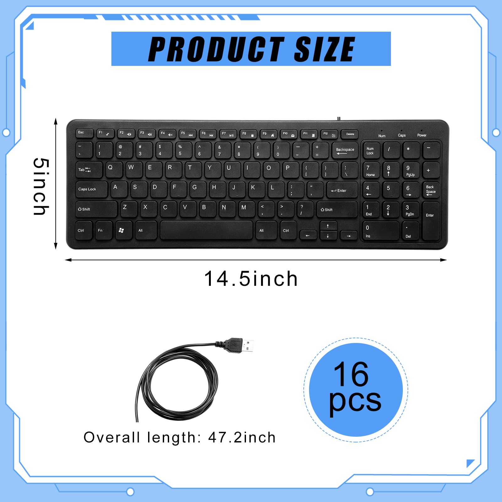 Kanayu 16-Pack Slim Wired USB Keyboards with Numeric Keypad - Low Profile Computer Keyboard Bulk Set for PC/Laptop/Windows (Black) - Ideal for Office, School, and Home Workspaces