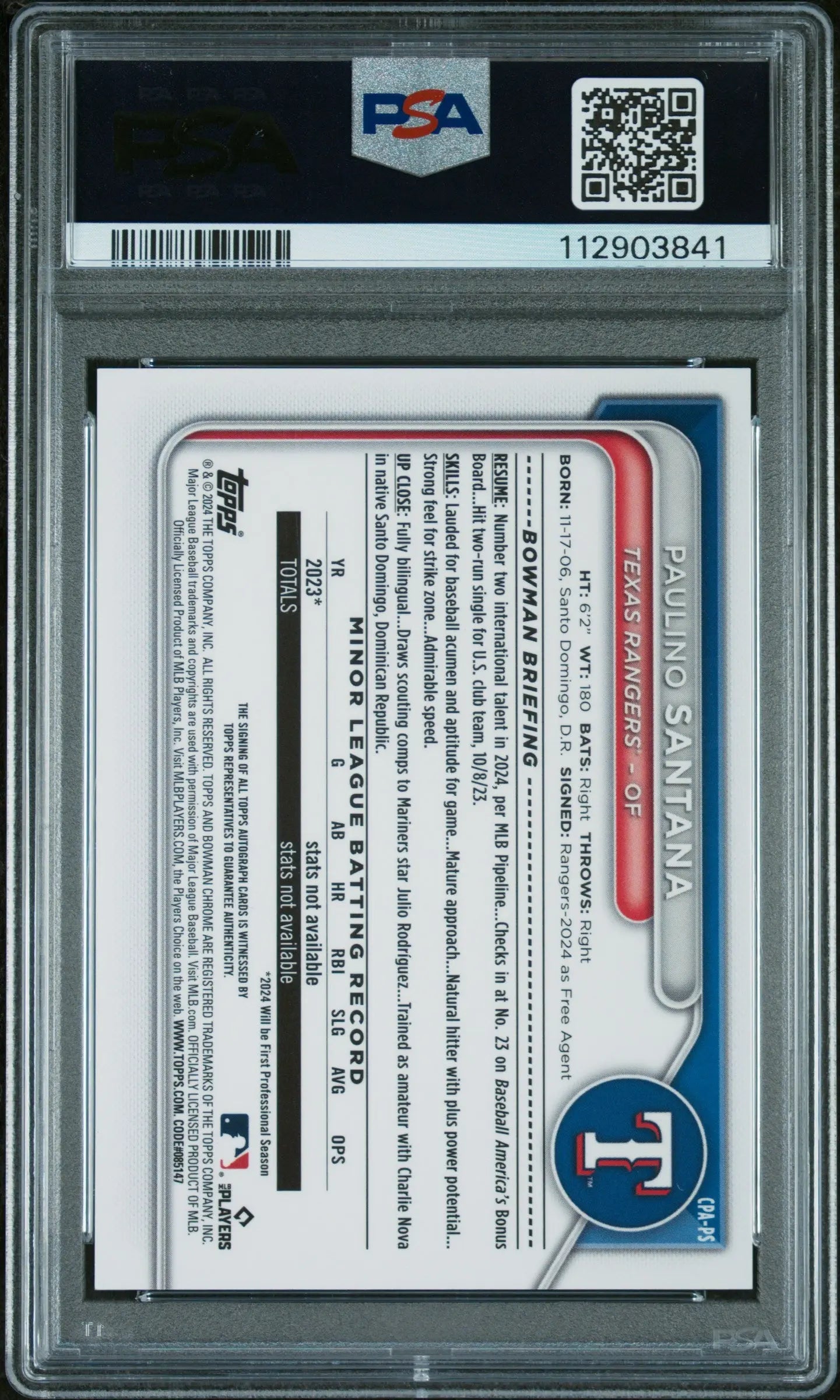2024 Bowman Chrome Paulino Santana Mini Diamond Refractor Auto Prospect Card PSA 8 /100 - Rare Collectible for Baseball Card Investors & Sports Memorabilia Enthusiasts