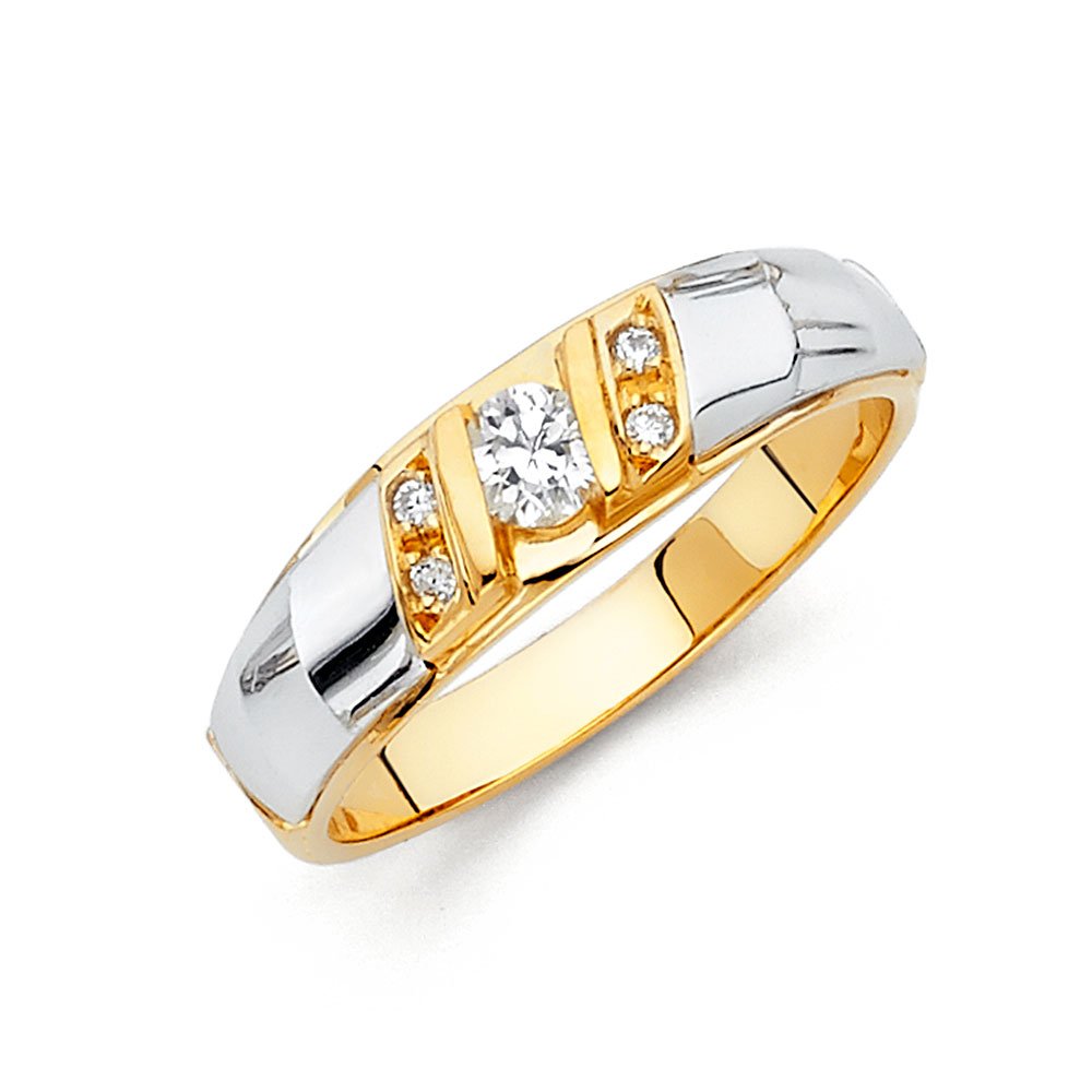 14K White & Yellow Gold Two-Tone Men's Wedding Band Ring with Round Cubic Zirconia - Anniversary, Engagement & Gift for Him - Perfect for Weddings, Proposals & Special Occasions