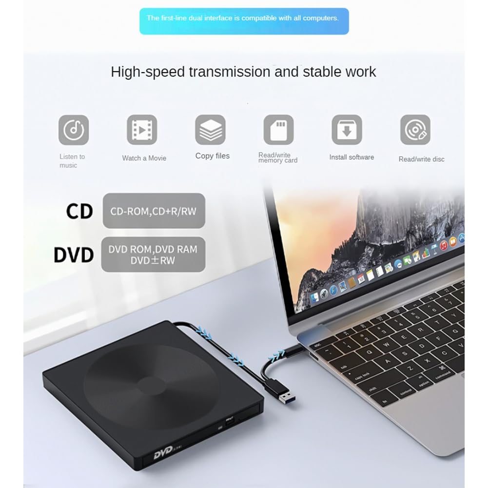 Kahdsvby USB-C External DVD Burner - Portable USB 3.0 Optical Drive for Laptop, PC & Mac | Perfect for Watching Movies, Burning Discs & Data Backup