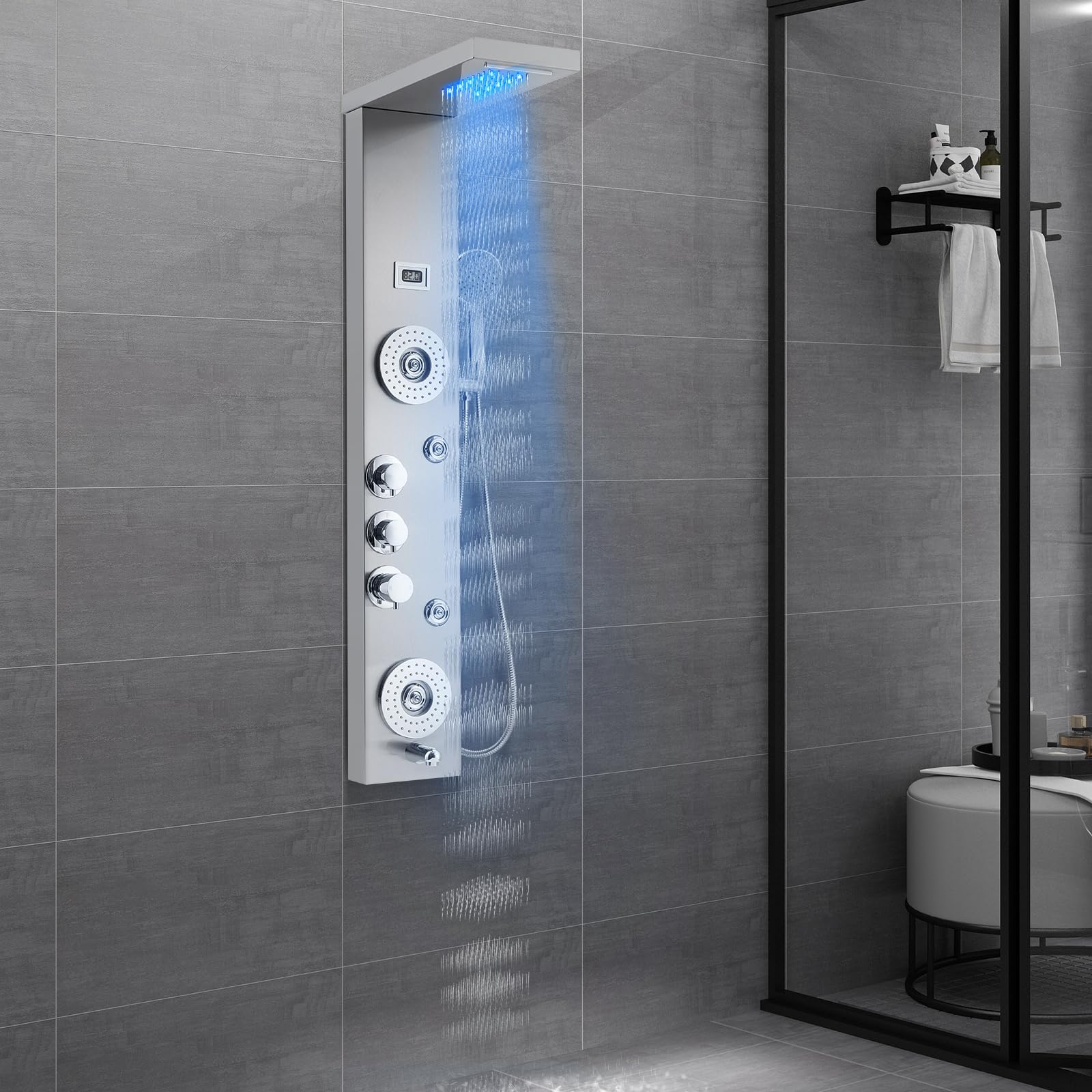 6-in-1 Stainless Steel Shower Panel Tower System with LED Rainfall, Waterfall & Handheld Shower Head - Wall Mounted Bathroom Faucet Set (Silver) | Perfect for Modern Home Spa, Luxury Bathroom Renovation & Relaxing Shower Experience