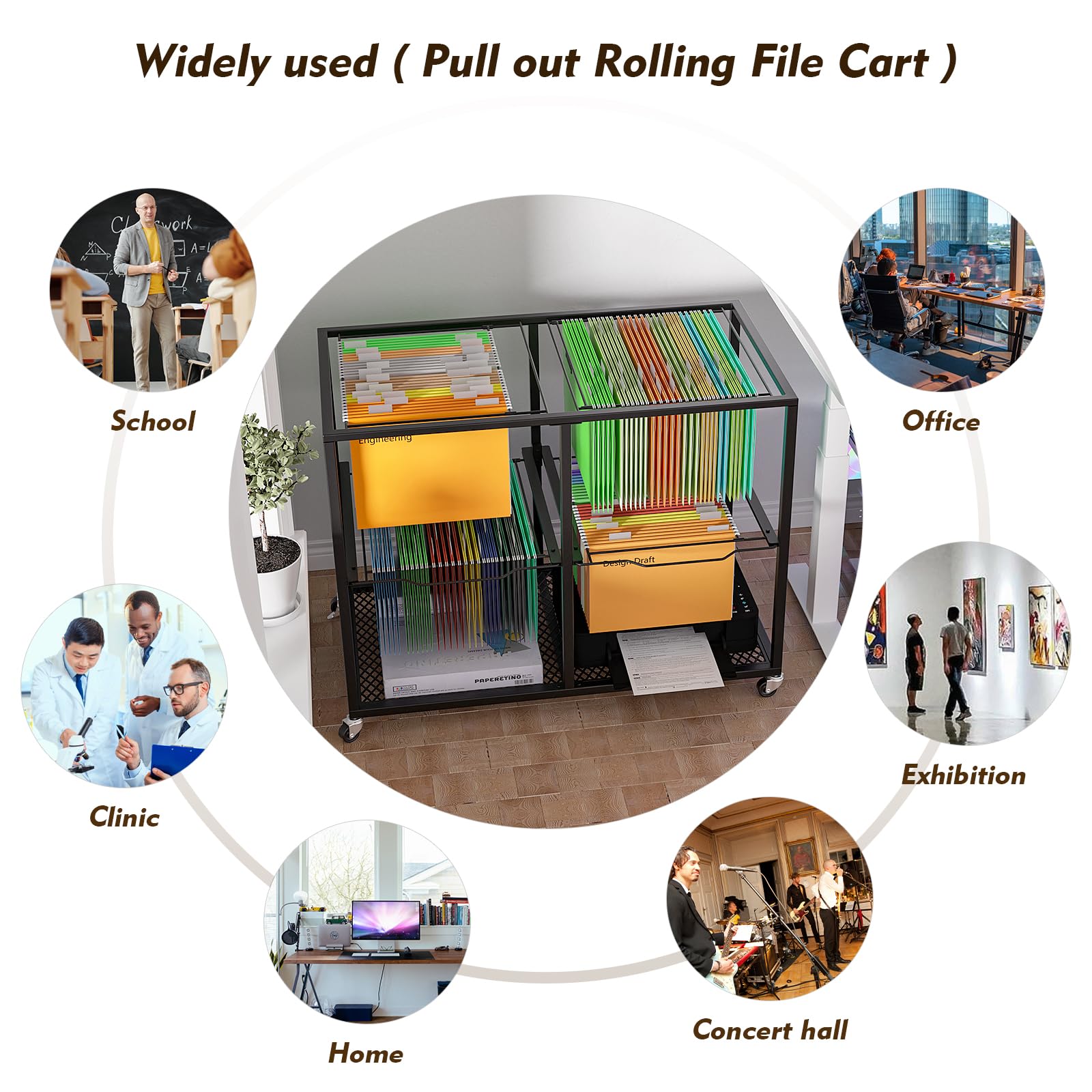 2-Tier Steel Wire File Cart with Wheels - Hanging & Pull-Out File Organizer, Movable Rolling File Cabinet for Office (33.66x18.11x25 in) - Perfect for Document Storage, Office Organization & Mobile Filing Systems