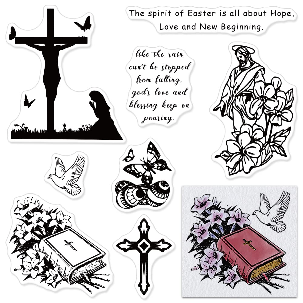 Easter Clear Rubber Stamps Set - Jesus Cross, Bible Pray, Lily Flower & Butterfly Egg Designs for Card Making, Scrapbooking & DIY Paper Crafts | Perfect for Easter Greeting Cards, Christian Bible Journaling & Spring Home Decorations