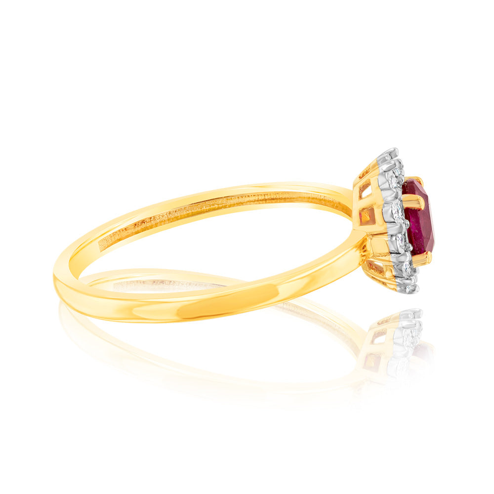0.39 Carat Oval Created Ruby and Diamond Ring in 9K Yellow Gold - Elegant Engagement, Anniversary, or Gift Jewelry for Women