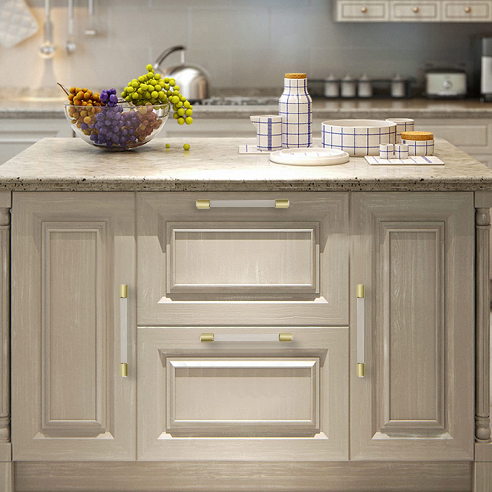 Peaha 25 Pack 5 Inch Gold Cabinet Handles - Clear Acrylic Drawer Pulls with White Hardware for Kitchen & Bathroom Cabinets - Modern Upgrade for Dressers, Vanities, and Furniture (Easy DIY Installation)