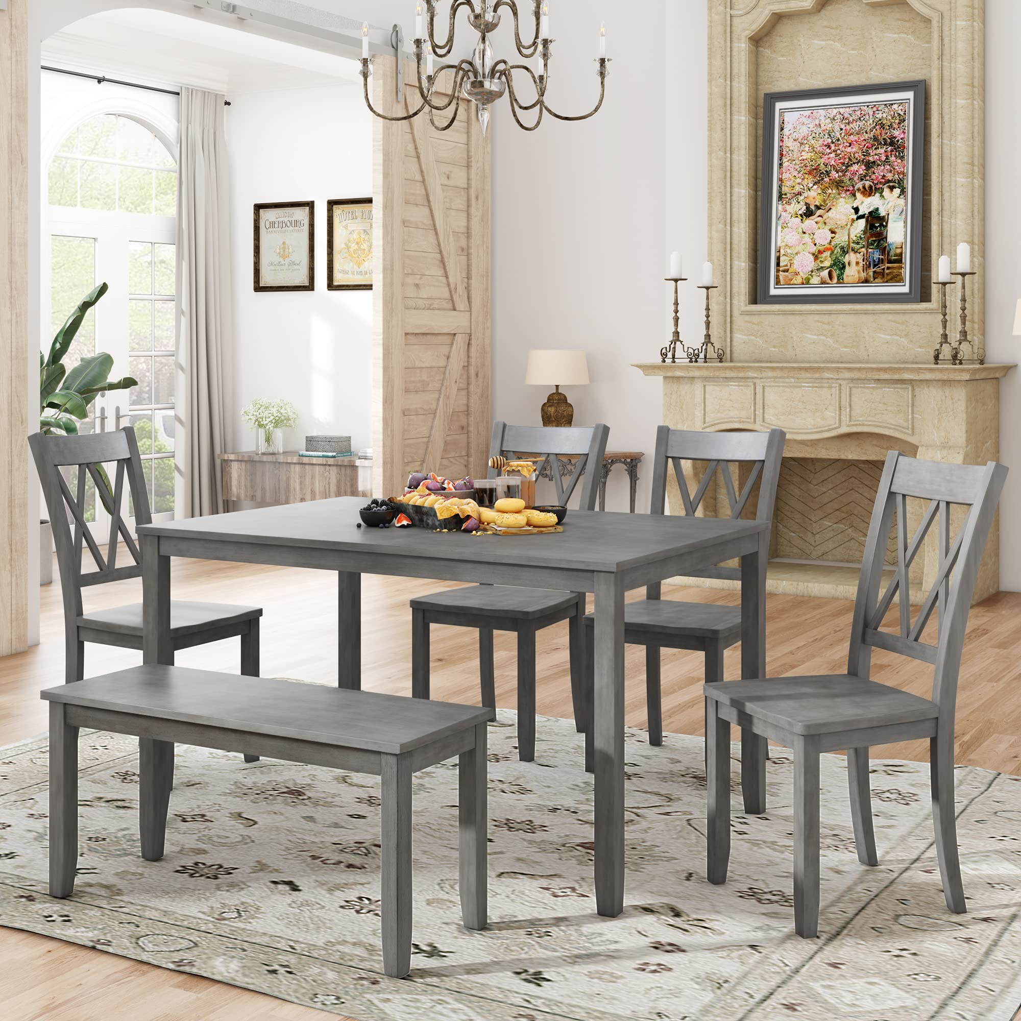 6-Piece Rustic Wooden Dining Table Set with Cross Back Chairs & Bench - Antique Graywash Kitchen & Dining Room Furniture for Farmhouse, Cottage & Home Decor