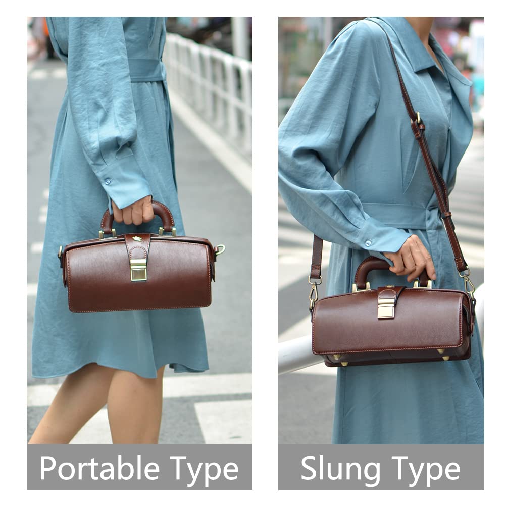 Genuine Leather Handbag for Women - Premium Cowhide Doctor Bag with Shoulder Strap & Buckle Closure - Stylish Brown Leather Purse for Work, Travel & Everyday Use