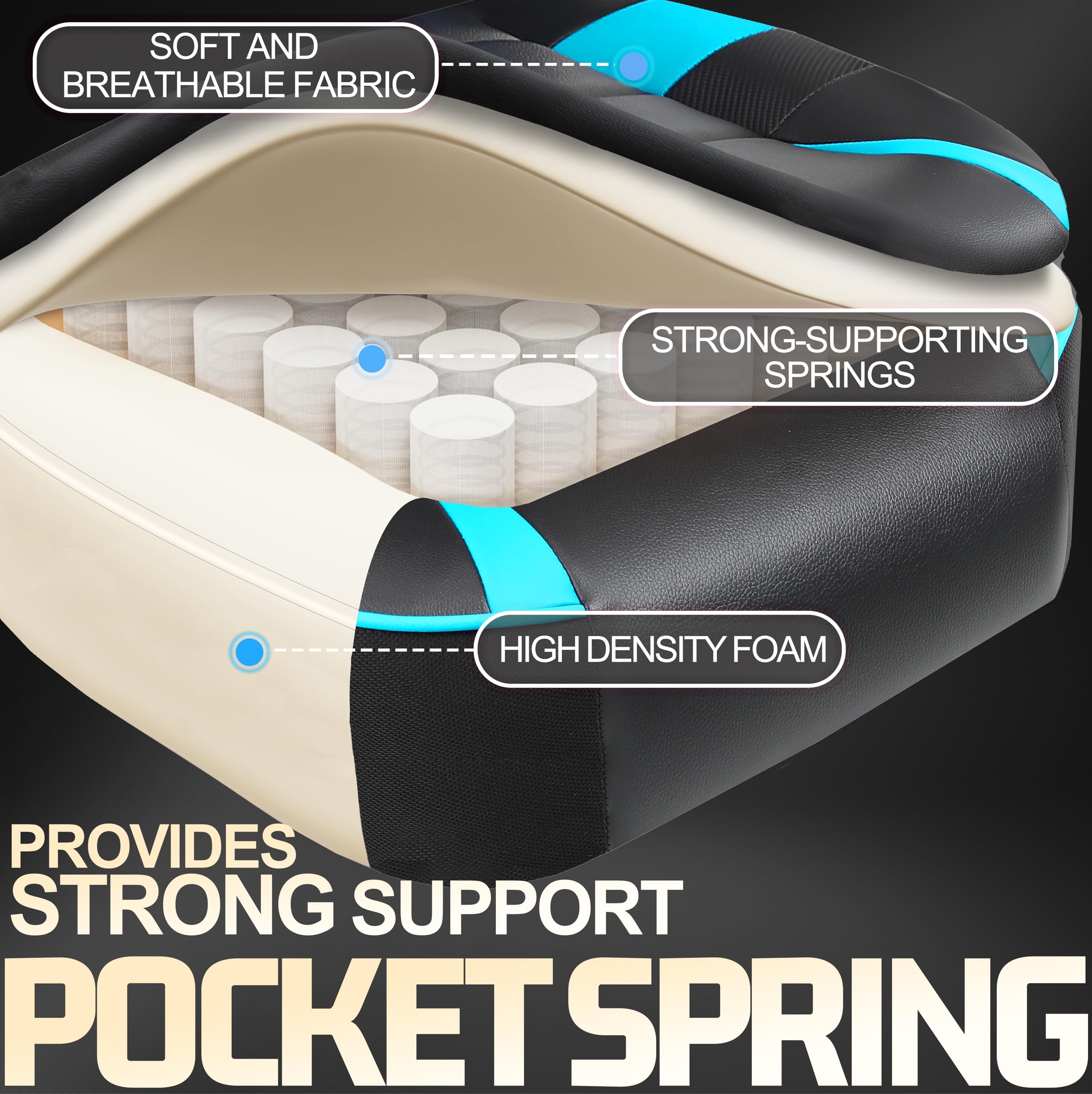 Vonesse Ergonomic Gaming Chair with Adjustable Footrest - Big & Tall Computer Chair for Adults - High Back Reclining Office Chair with Lumbar Massage - Cyan/Black - Perfect for Esports, Streaming & Home Office